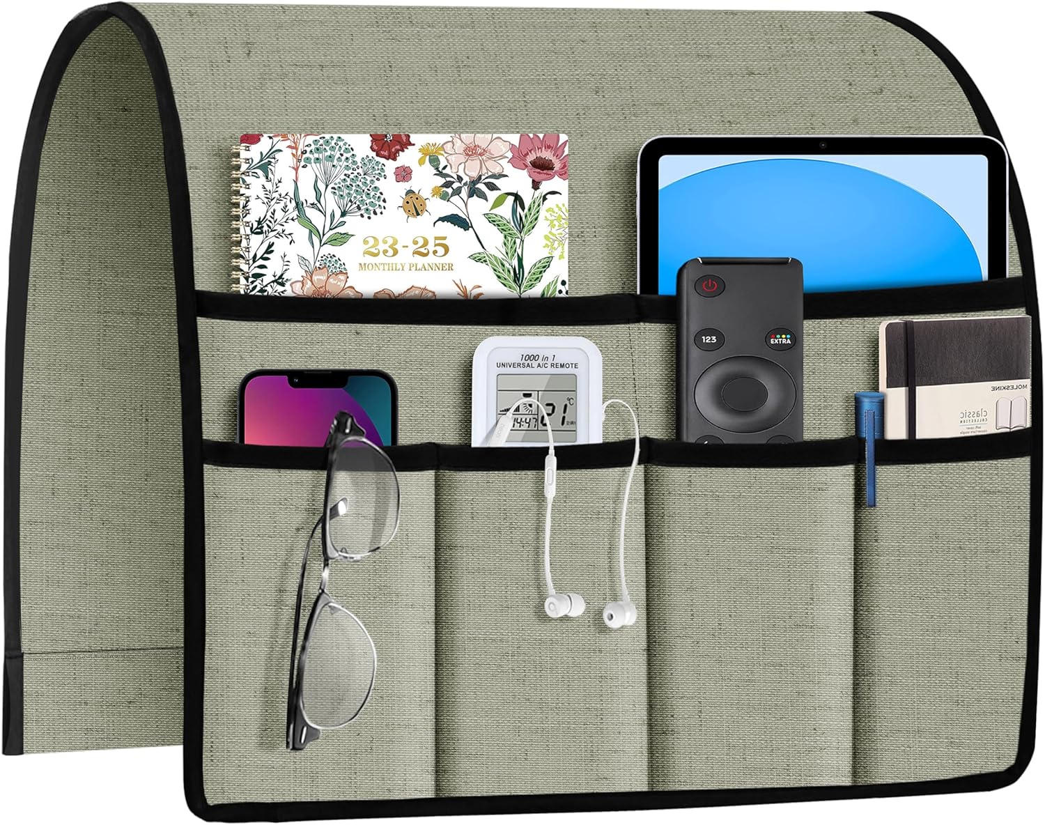 Joywell Remote Holder for Recliner Armchair Caddy Couch Armrest Non Slip Sofa Arm Chair Caddie with 6 Pocket for Magazine, Tablet, Phone, iPad, Think Linen, Sage Green