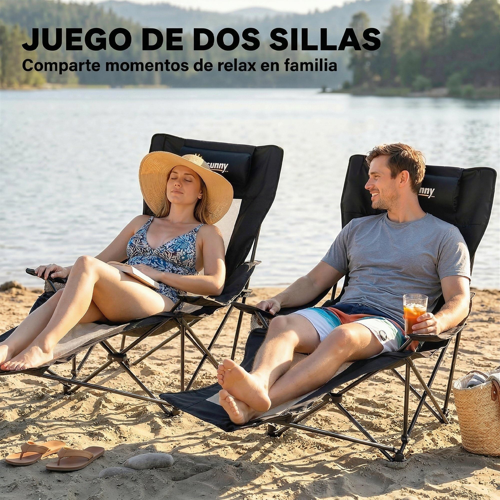 Outsunny Conjunto de 2 Sillas Plegables Camping Tumbonas Camping Portátiles con Respaldo Ajustable 4 Niveles Reposapiés Desmontable Reposacabezas Portavasos Bolsillo Lateral Bolsa Carga 120 kg Negro