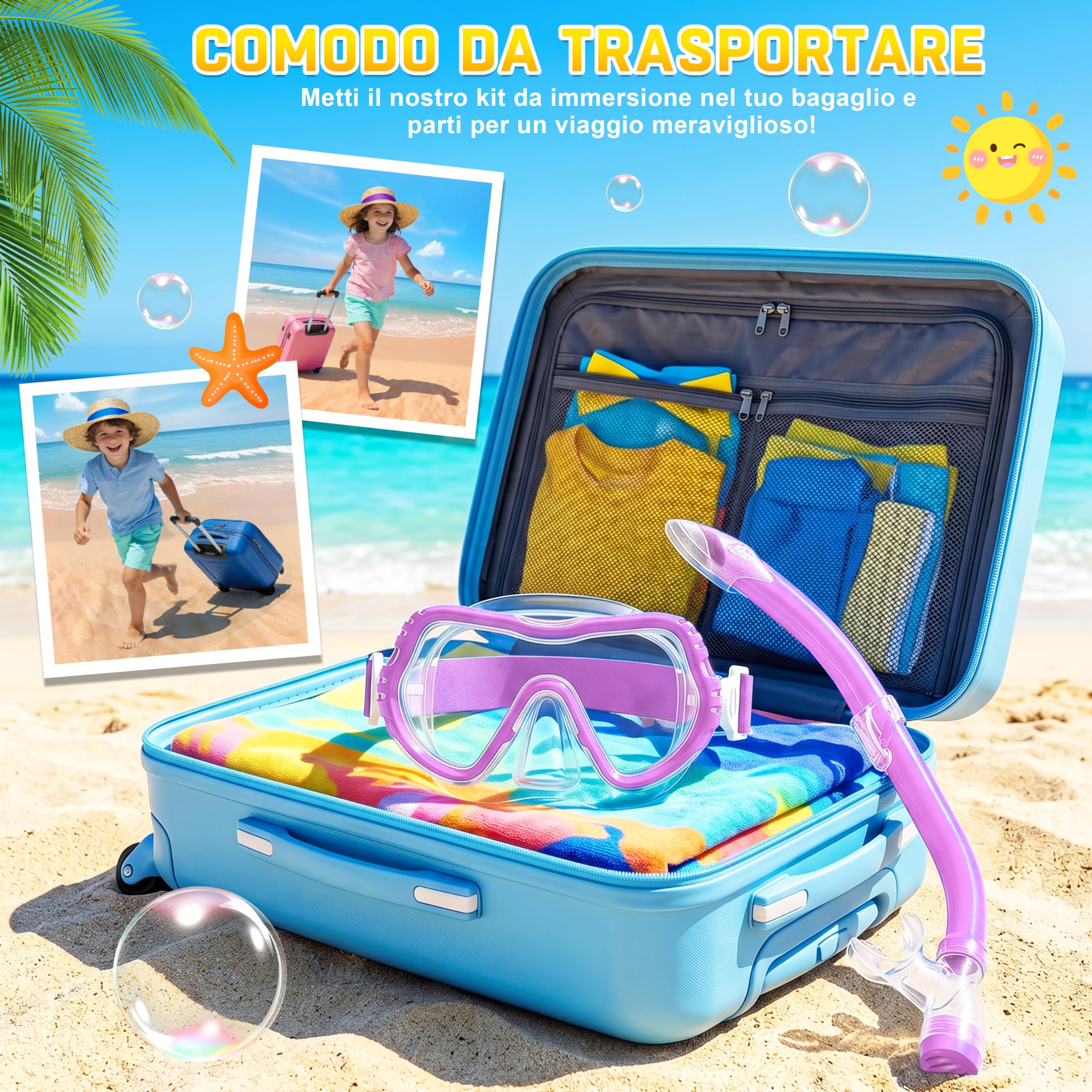 IEEILULU Maschera Subacquea Bambini Occhialini Boccaglio Tappi Impermeabili Retina Antiappannamento Visione Panoramica 180° HD 4 Colori