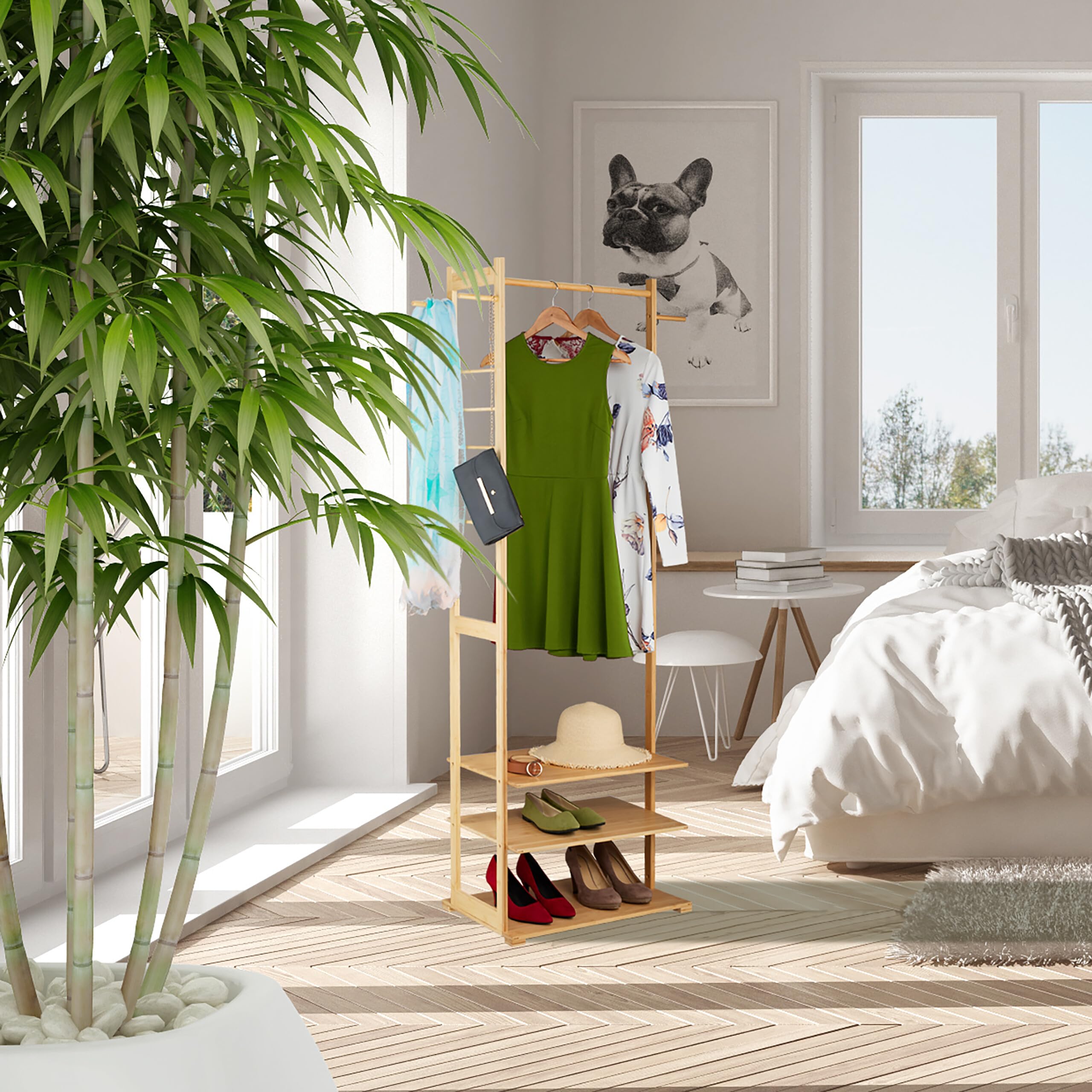 Relaxdays Appendiabiti in bambù 3 Ripiani 3 Ganci 177,5x81x38 cm Marrone Naturale