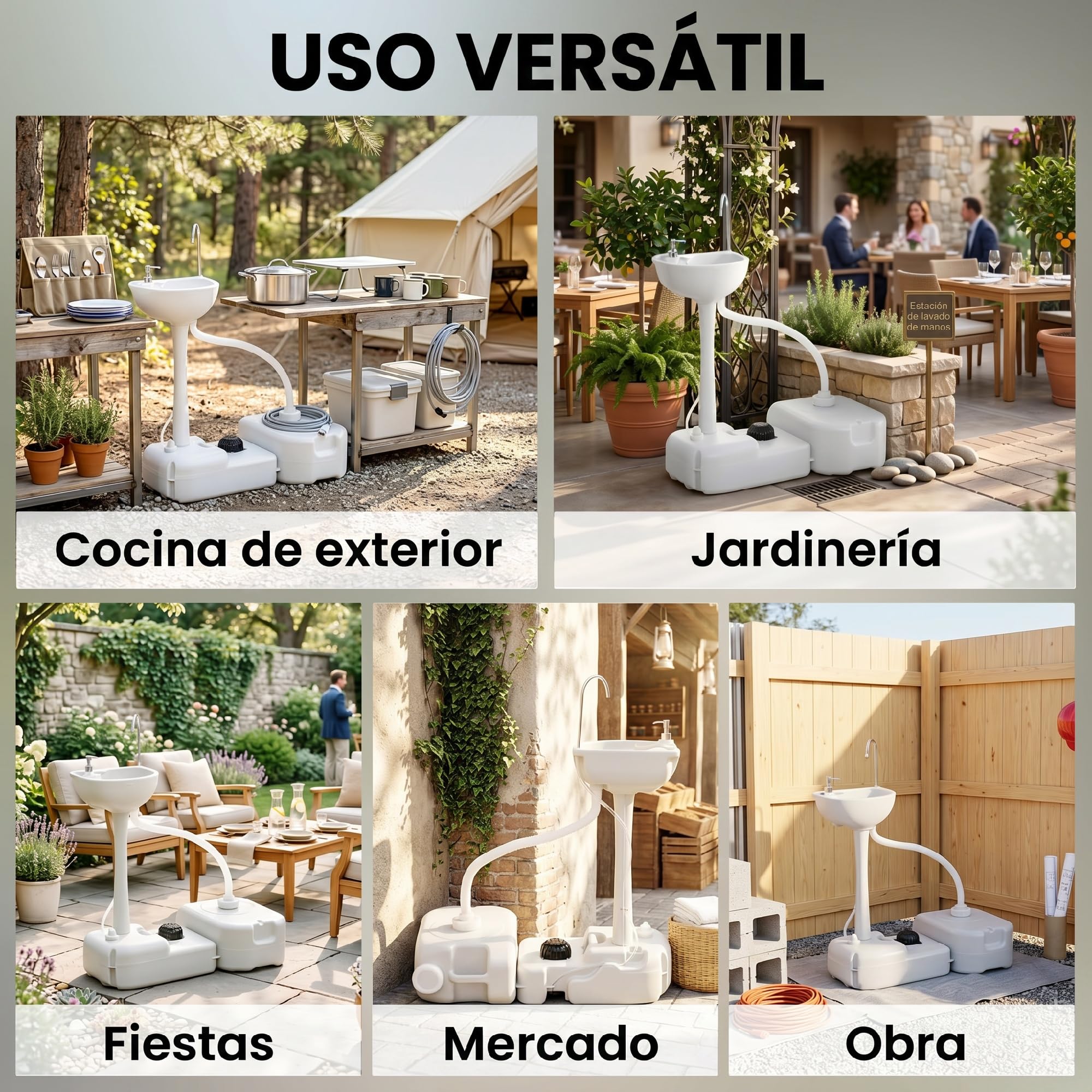 Outsunny Fregadero Portátil Lavamanos para Actividades al Aire Libre o Camping con Tanques de Recuperación de Agua 17 L Dispensador de Jabón Y 2 Ruedas HDPE 83x50x103 cm Gris Claro