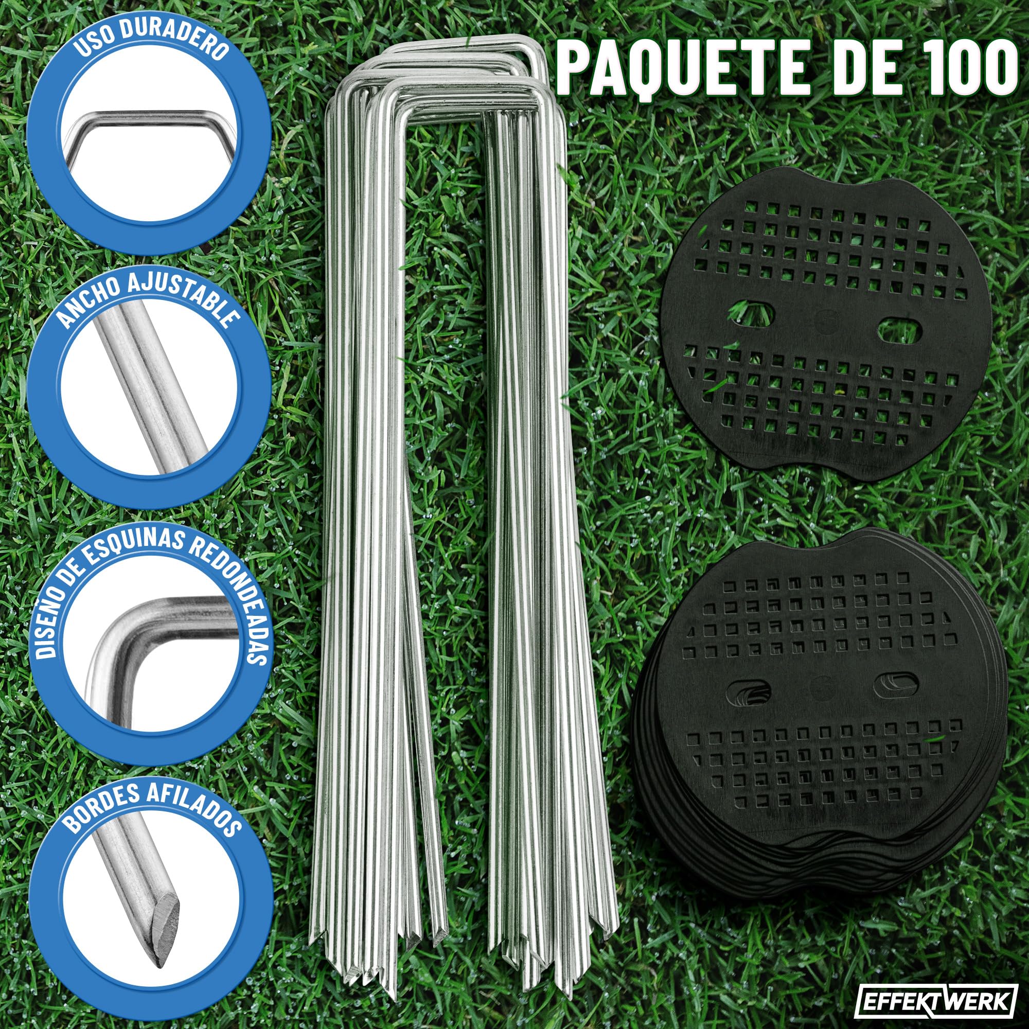 Garden Stakes w/Gaskets (6" / 150mm, 100 PK), Grapas galvanizadas en Forma de U con Arandelas, alfileres de Tela para la instalación de césped
