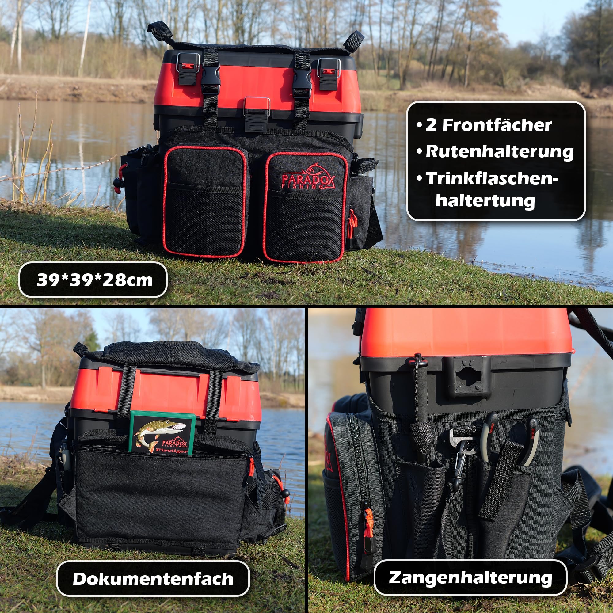 Paradox Fishing 3-in-1 Multifunktions-Sitzkiepe I Angelrucksack I Angeltasche Angelkoffer mit Sitz Angelkoffer- viel Platz für Angelzubehör