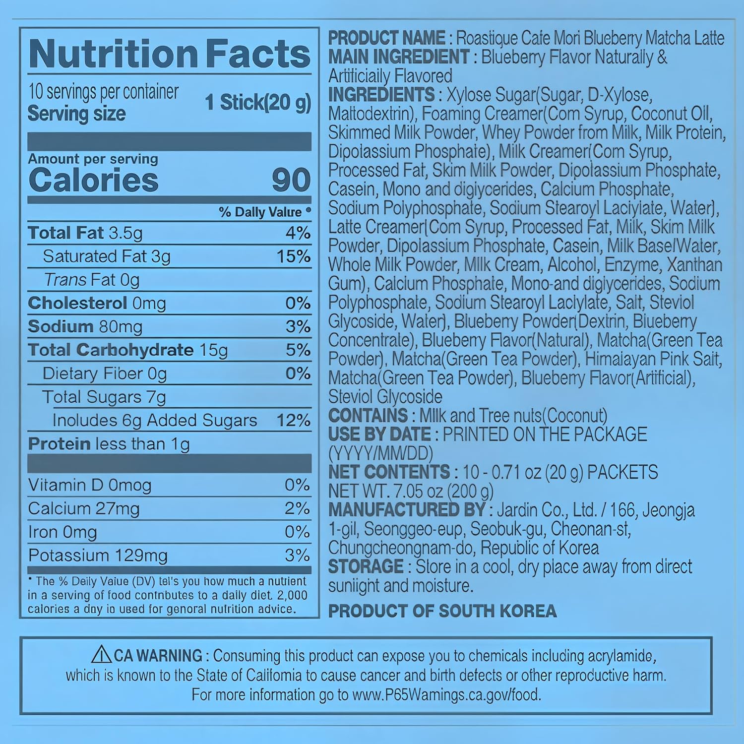 ROASTIQUE Official Café Mori Jeju Matcha Latte, 10 Sticks, 90 Calories, Ceremonial Grade Green Tea Powder Sweetened Café Quality Drink Mix, Blueberry, 7 oz