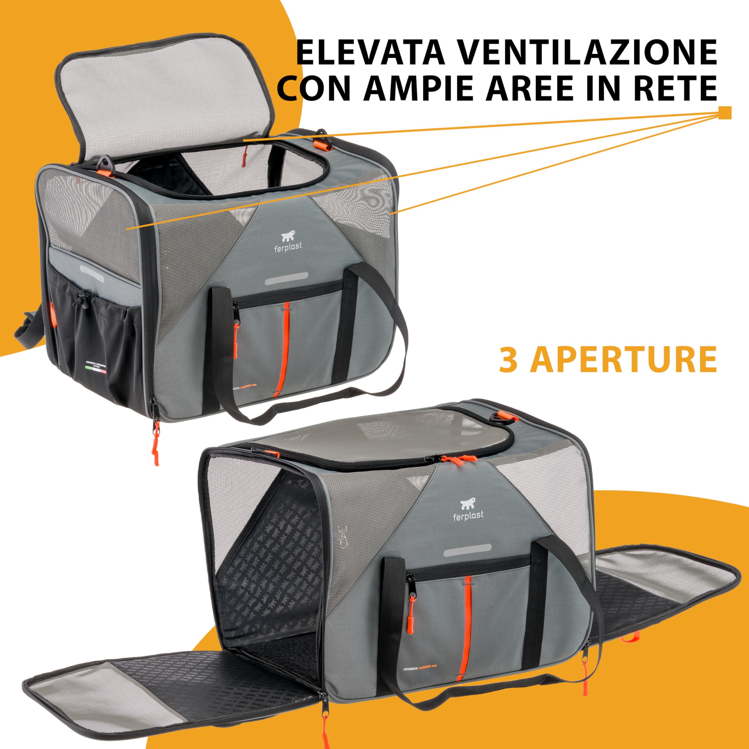 Ferplast Trasportino Gatto VOYAGER CARRIER, Trasportino per Cani, Manici e Tracolla Regolabili, Cinghia di Sicurezza, Doppia Apertura laterale, con Cuscino, Max 15 Kg, 50x35x37h cm, Grigio