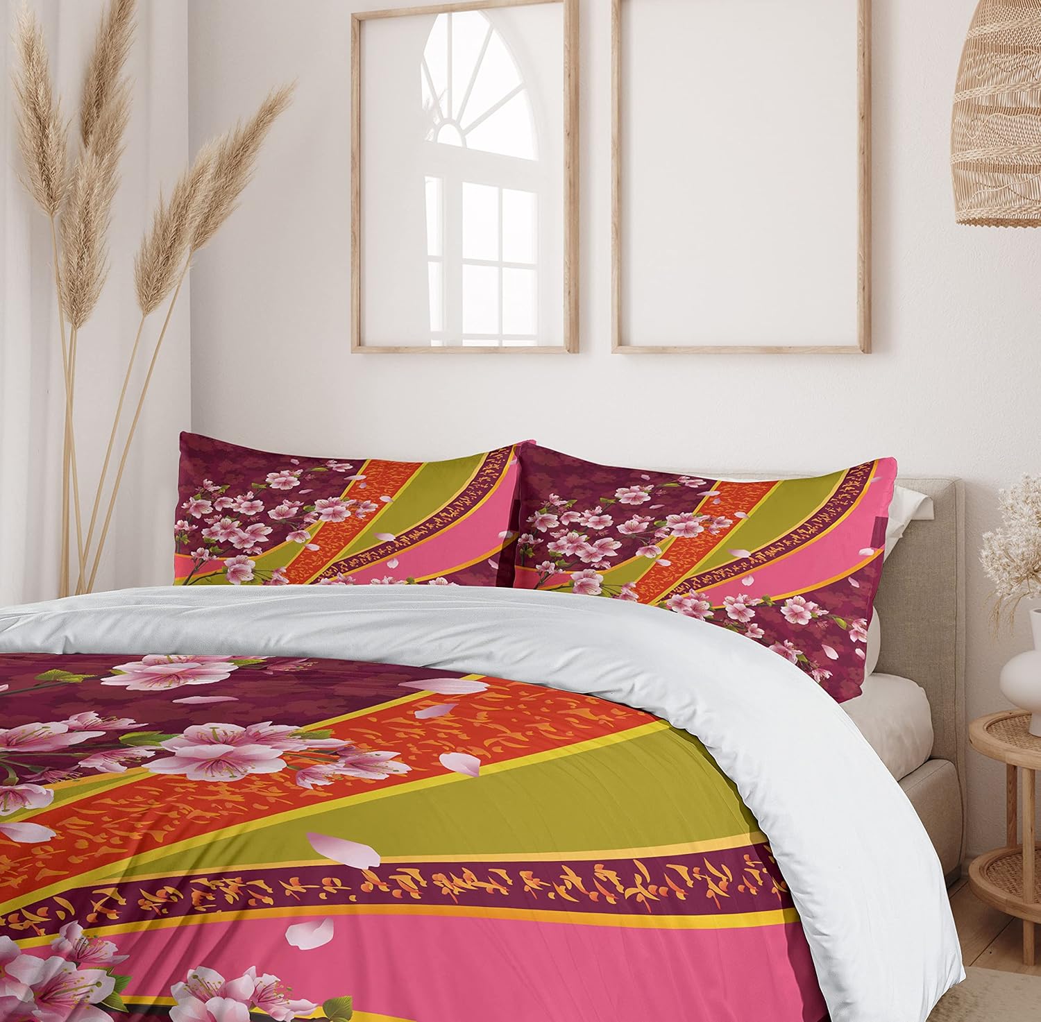 Ambesonne Flower Duvet Cover Set, Oriental Backdrop Sakura Blossom Japanese Cherry Tree Print, Decorative 3 Piece Bedding Set with 2 Pillow Shams, Queen Size, Pink Orange