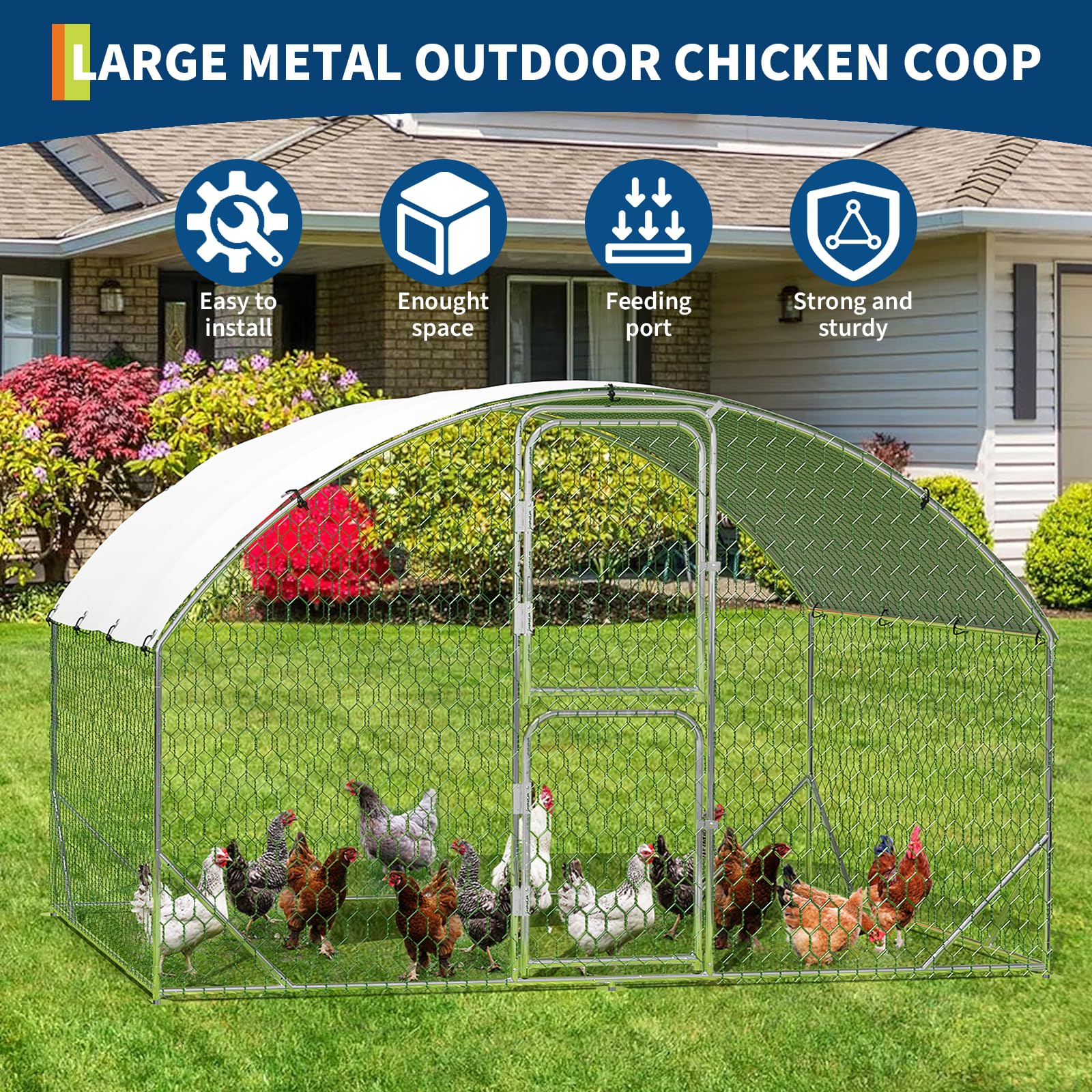 Garvee Gallinero Exterior Grande de Metal 3x2x2m, Jaula para Aves con Estructura de Acero Galvanizado Reforzado de 0.8mm, Recinto de Corral con Cubierta Impermeable y Anti-UV, Doble Puerta con Cierre