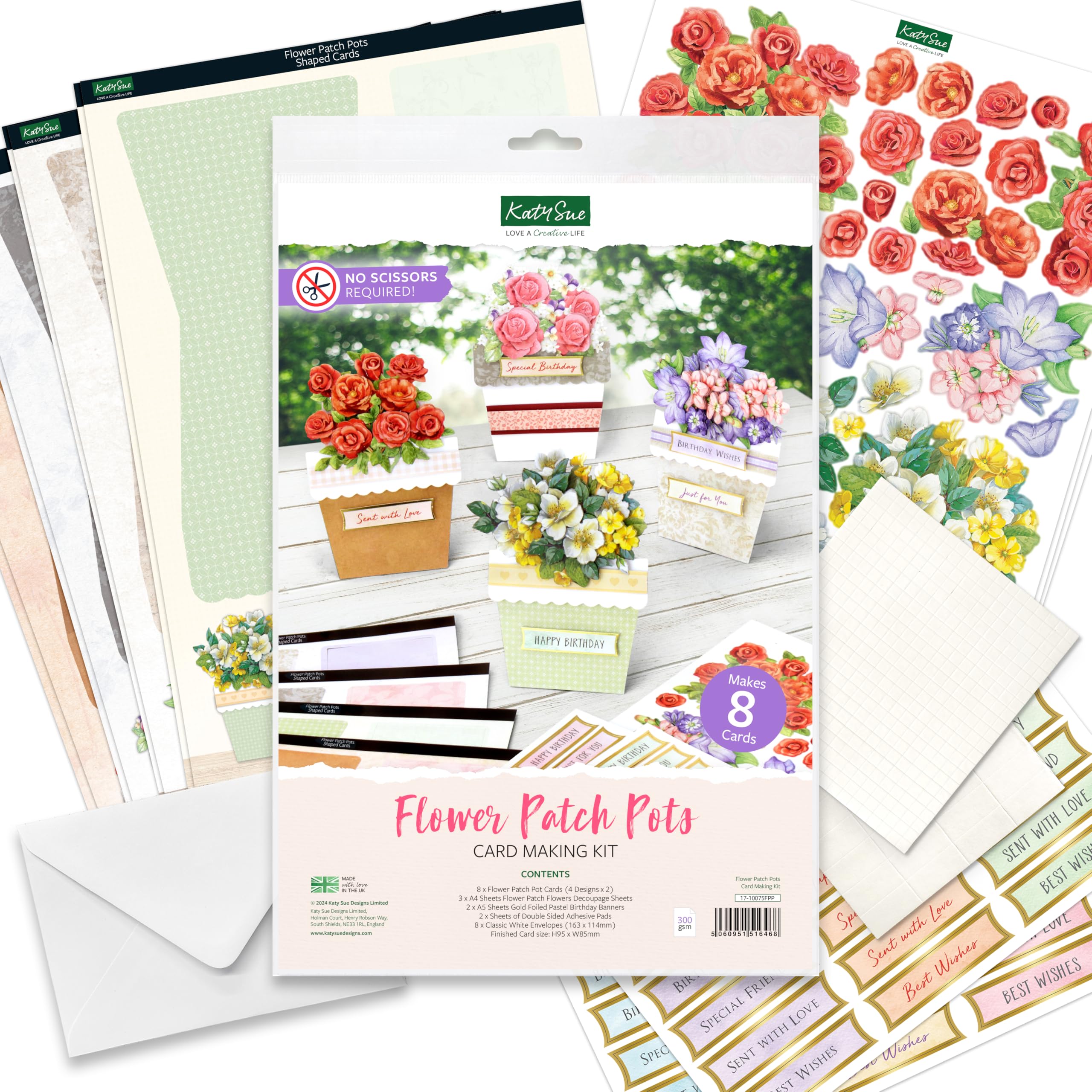 Katy Sue Kit Fabrication Cartes Arrosoir - 8 Cartes Prédécoupées, Fleurs, Enveloppes, DIY