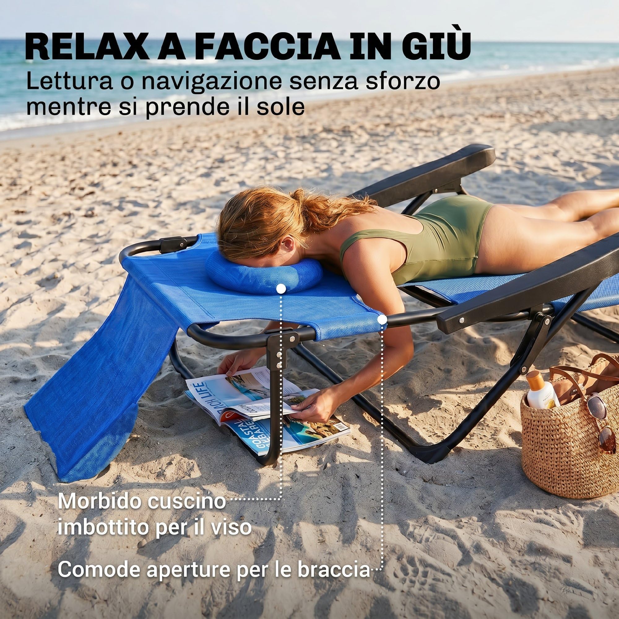 Outsunny Lettino da Sole Schienale Regolabile Sdraio Pieghevole Blu Scuro | a 4 Livelli, con Cuscino, Foro per il Viso, Tessuto Traspirante, Struttura in Acciaio