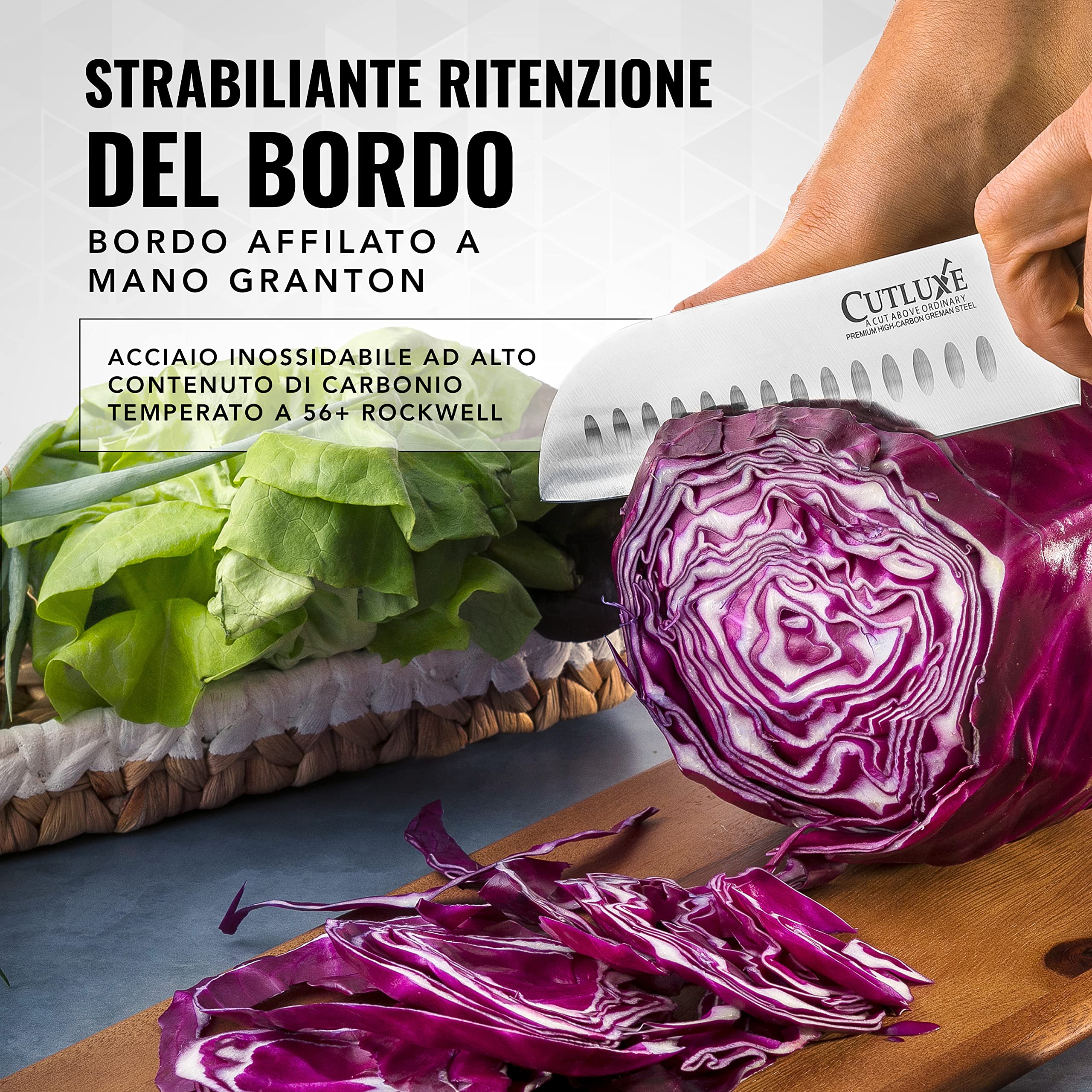 Cutluxe Coltello Santoku - 18cm Coltello Giapponese Professionale Con Guaina - Acciaio al Carbonio, Lama Affilata e Resistente - Artisan Series