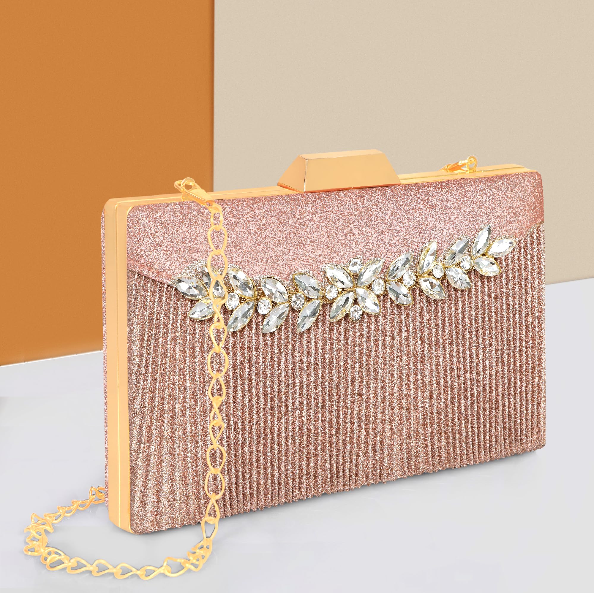 MISHA Shimmer Grace Clutch Bag with Crystal Leaf Accent, Glitter Finish, and Detachable Chain (ROSE GOLD) 3