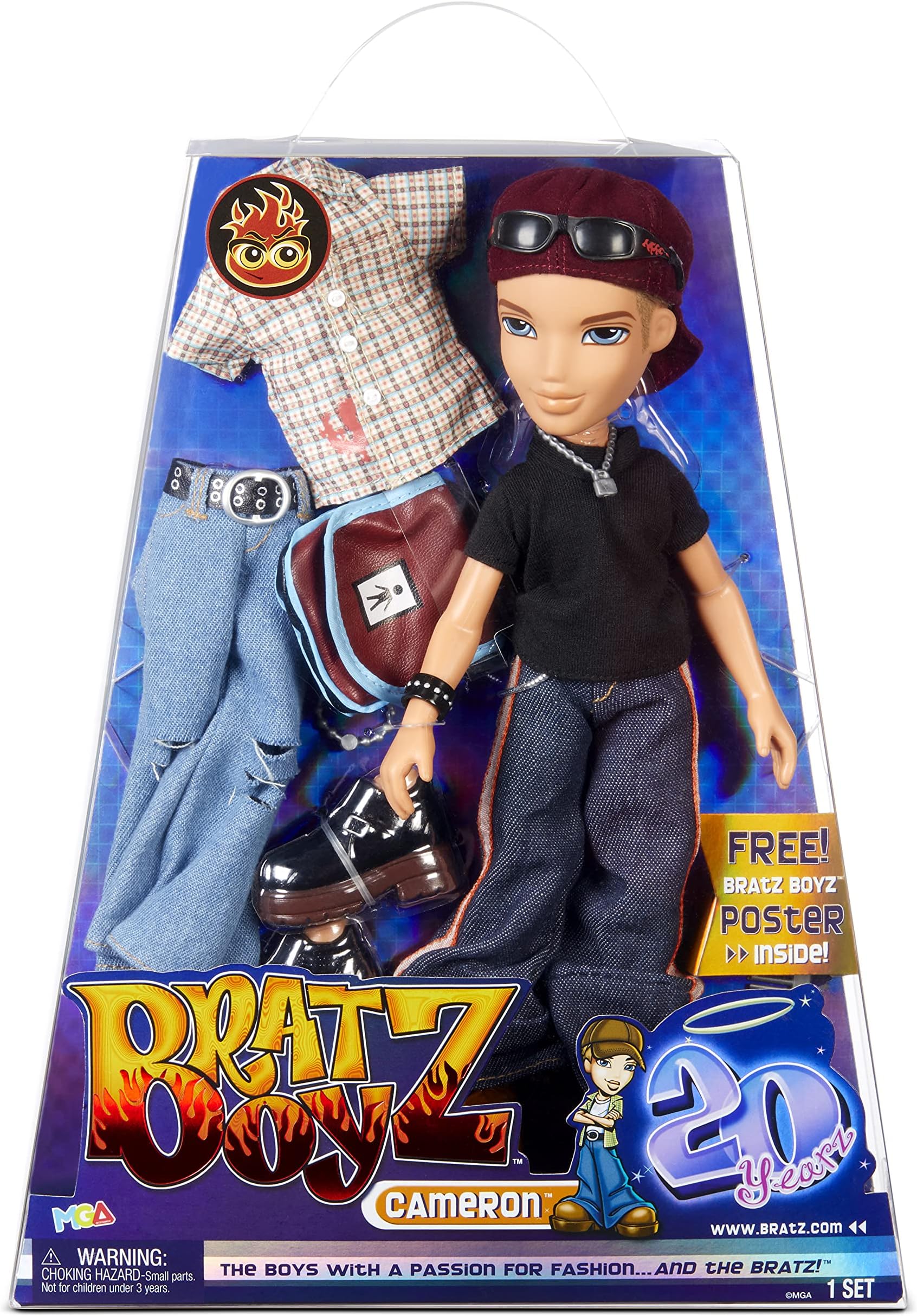 Bratz 20 Yearz Special Edition Original Fashion Doll Cameron - Holographic Packaging & Poster - Collectable - 20 Yearz Motif, Fan Fave Rerelease 2001 Replica - Includes 2 Outfits, Shoes, Bag & More
