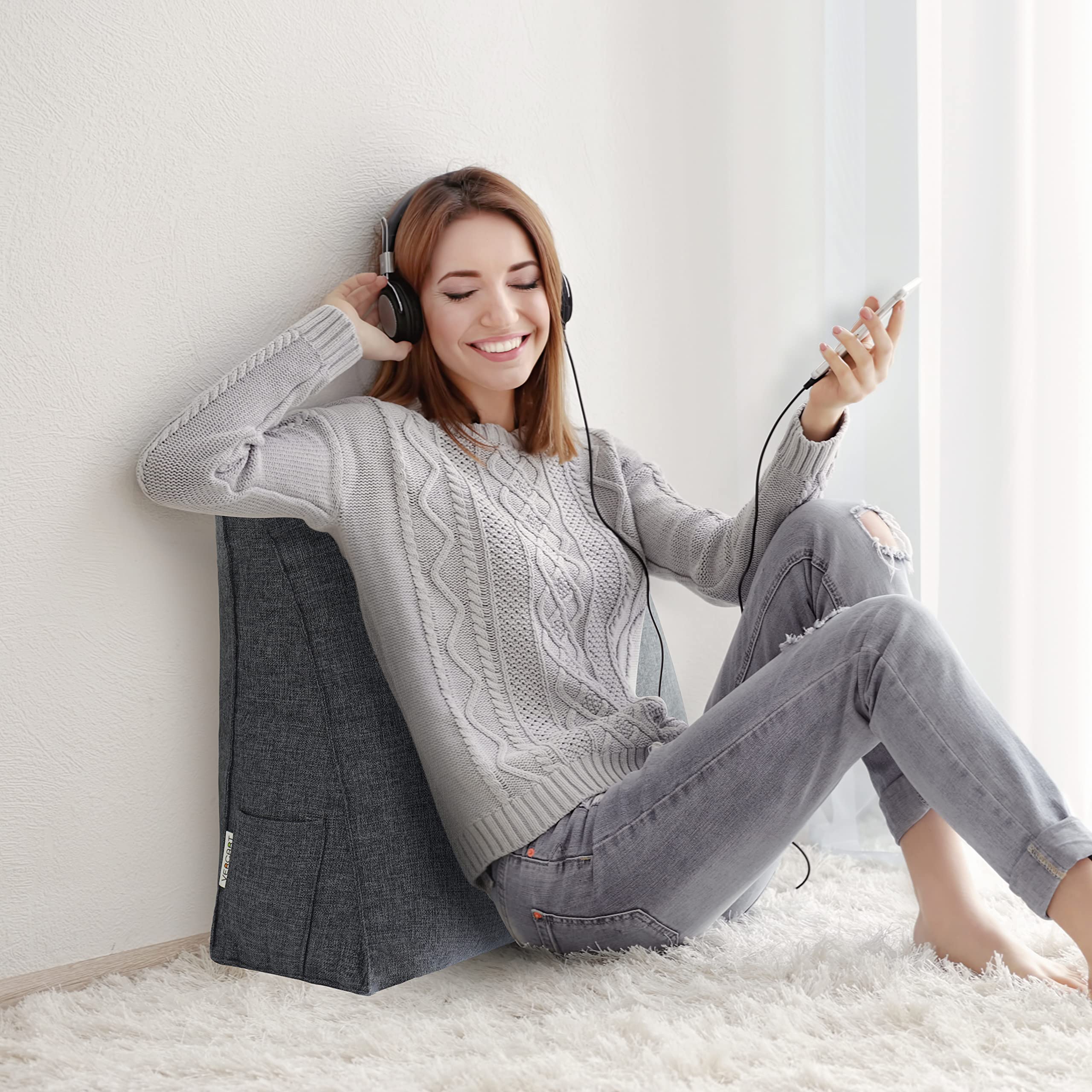 Johnear Keilkissen mit Seitentasche – Orthopädisches Rückenkissen für Bett & Sofa, Dreieckiges Lesekissen als Stützkissen für Lendenwirbel, Nacken & Bücher （Grau 2，45cm）
