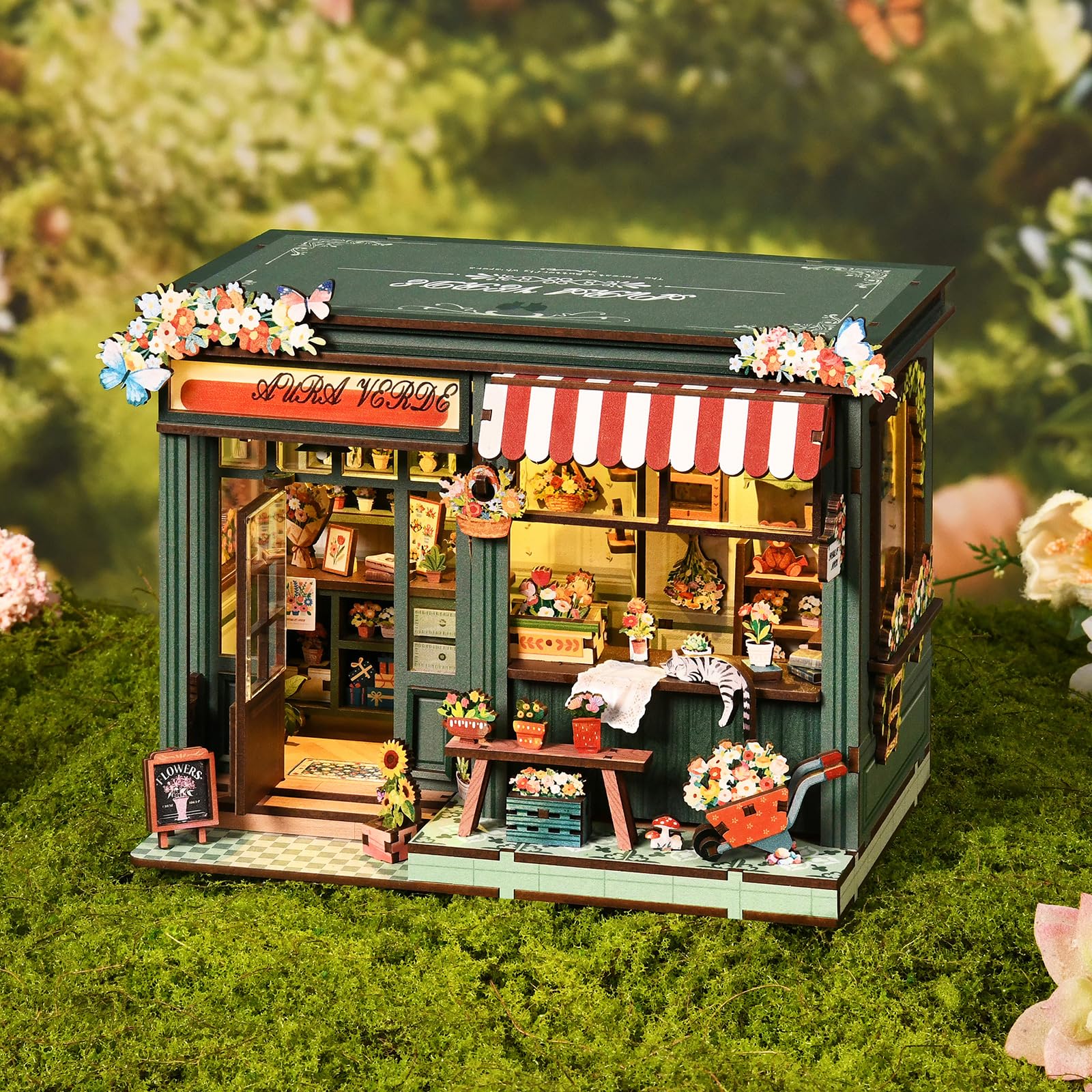 Kit fai da te in miniatura per adulti e ragazzi, decorazione per la casa con scena di negozi di fiori, mini decorazione per la casa, con interruttore touch, puzzle in legno 3D regalo per gli