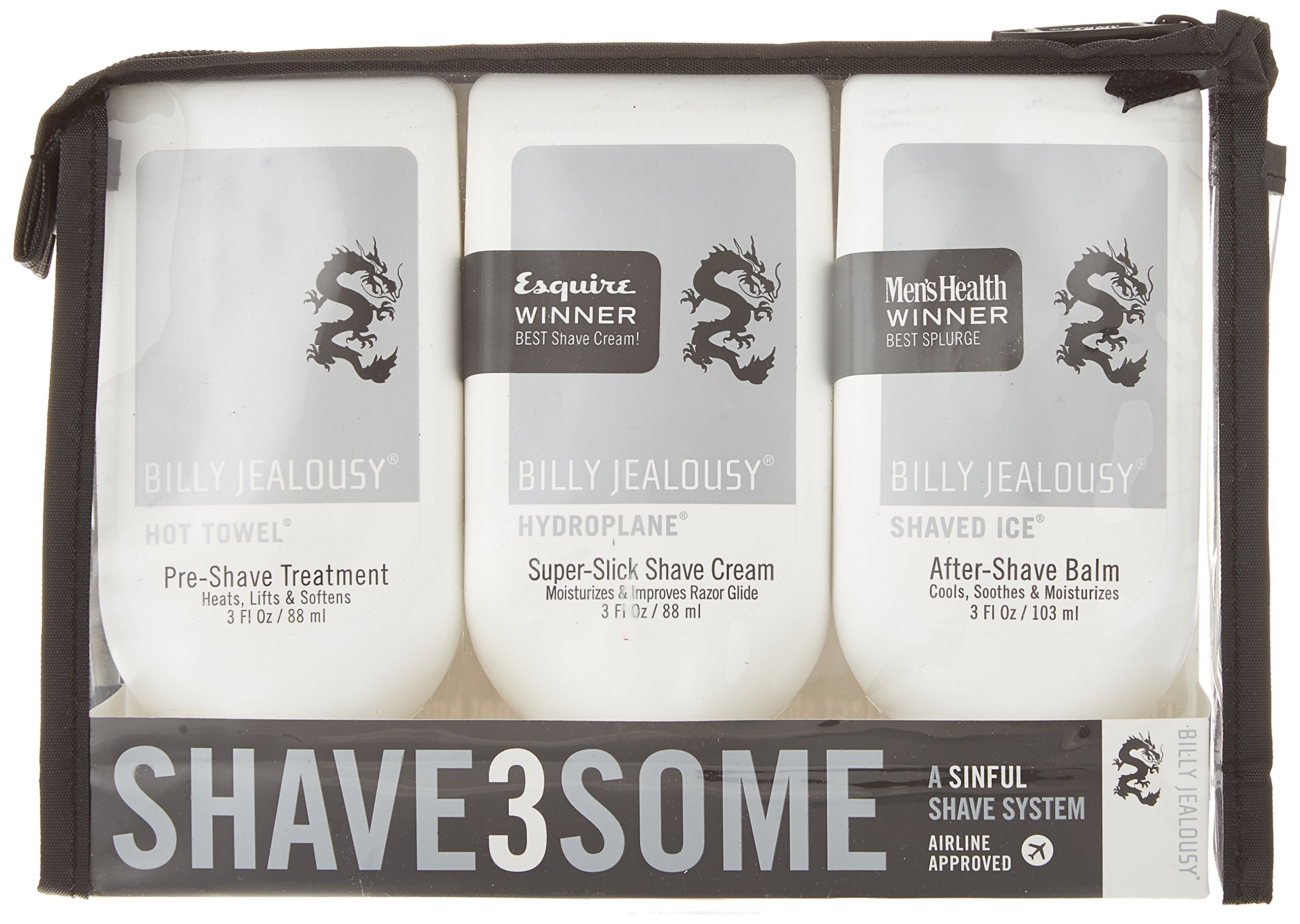 Billy Jealousy Shave3some Travel-Size Trio Shaving Kit for Men with Heating Pre-Shave, Super Slick Shave Cream and Cooling After-Shave, Citrus Scent, 3 Fl Oz Each