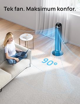 DREO 36 İnç Kule Tipi Fan, Ev ve Yatak Odası Kullanımı, 8,5 m/s Güçlü Hava Akışı, 8 Hız Kademesi, 4 Çalışma Modu, 25 dB Sessiz Kanatsız Tasarım, 90° Salınım, 8 Saat Zamanlayıcı, LED Ekran