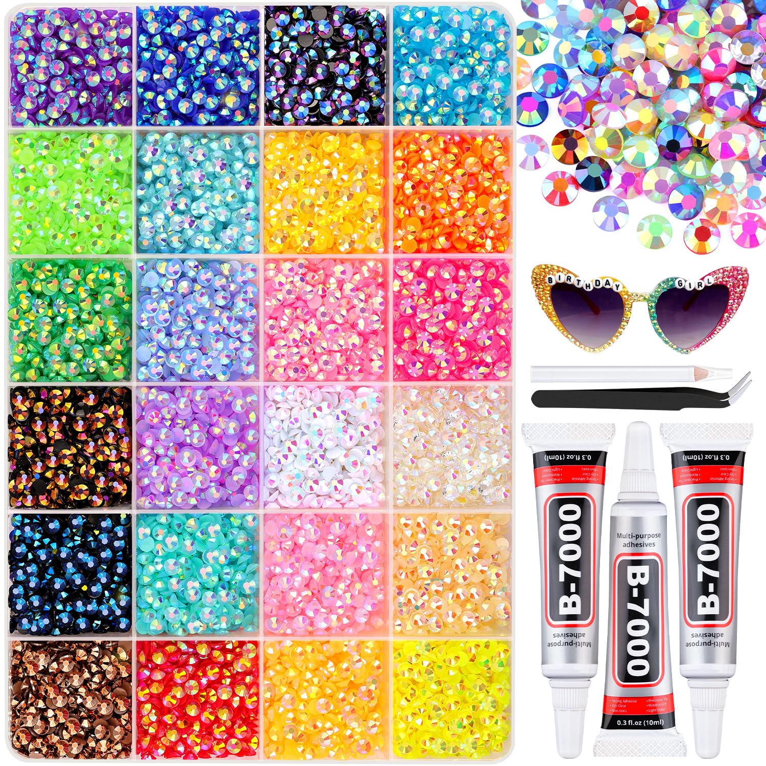 12600Pcs Mixed-Color Resin Rhinestones with B7000 Jewelry Glue for Crafting, 4mm Non Hotfix Flatback Gems, Bedazzling Crystal for DIY Crafts Clothing
