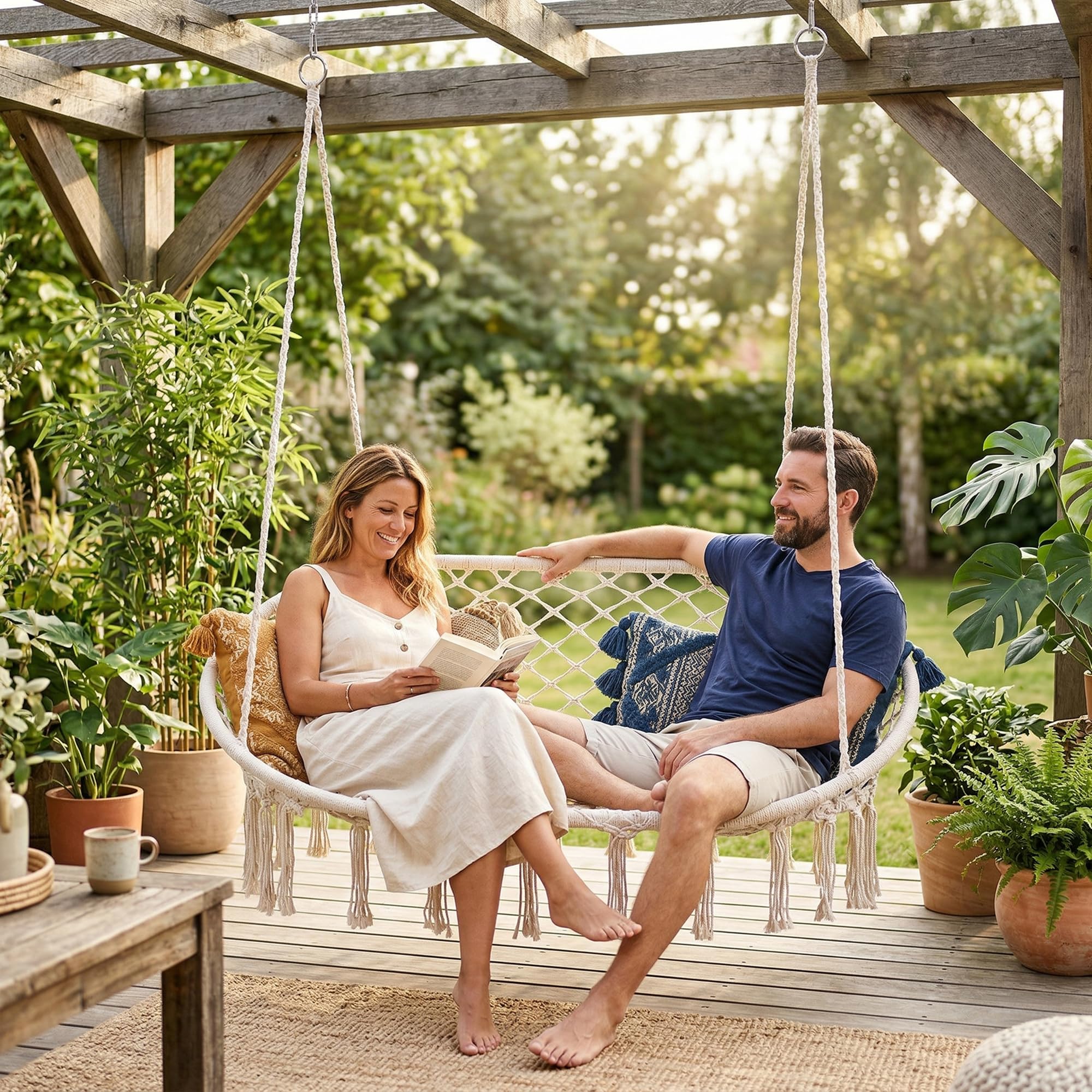 casa.pro Fauteuil Suspendu Kailua Balancelle pour 2 Personnes avec Large Assise 135 x 129 x 65 cm Tressé Style Bohème Indoor Outdoor Capacité de Charge 200 kg Blanc Crème
