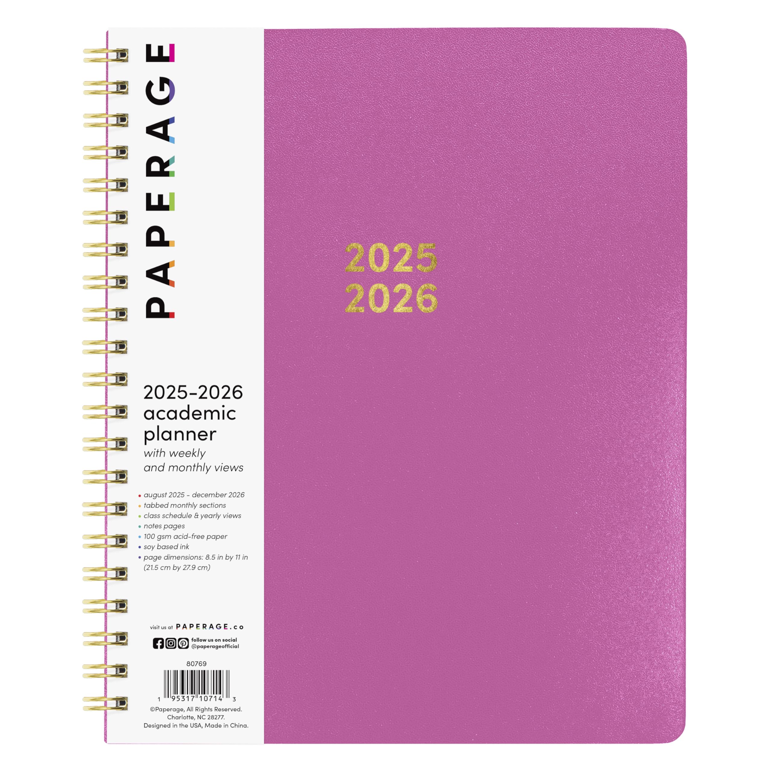 PAPERAGE 17 Month Academic Planner 2025-2026, Weekly & Monthly Spreads, August 2025 - December 2026, Large (8.5 in x 11 in), Raspberry