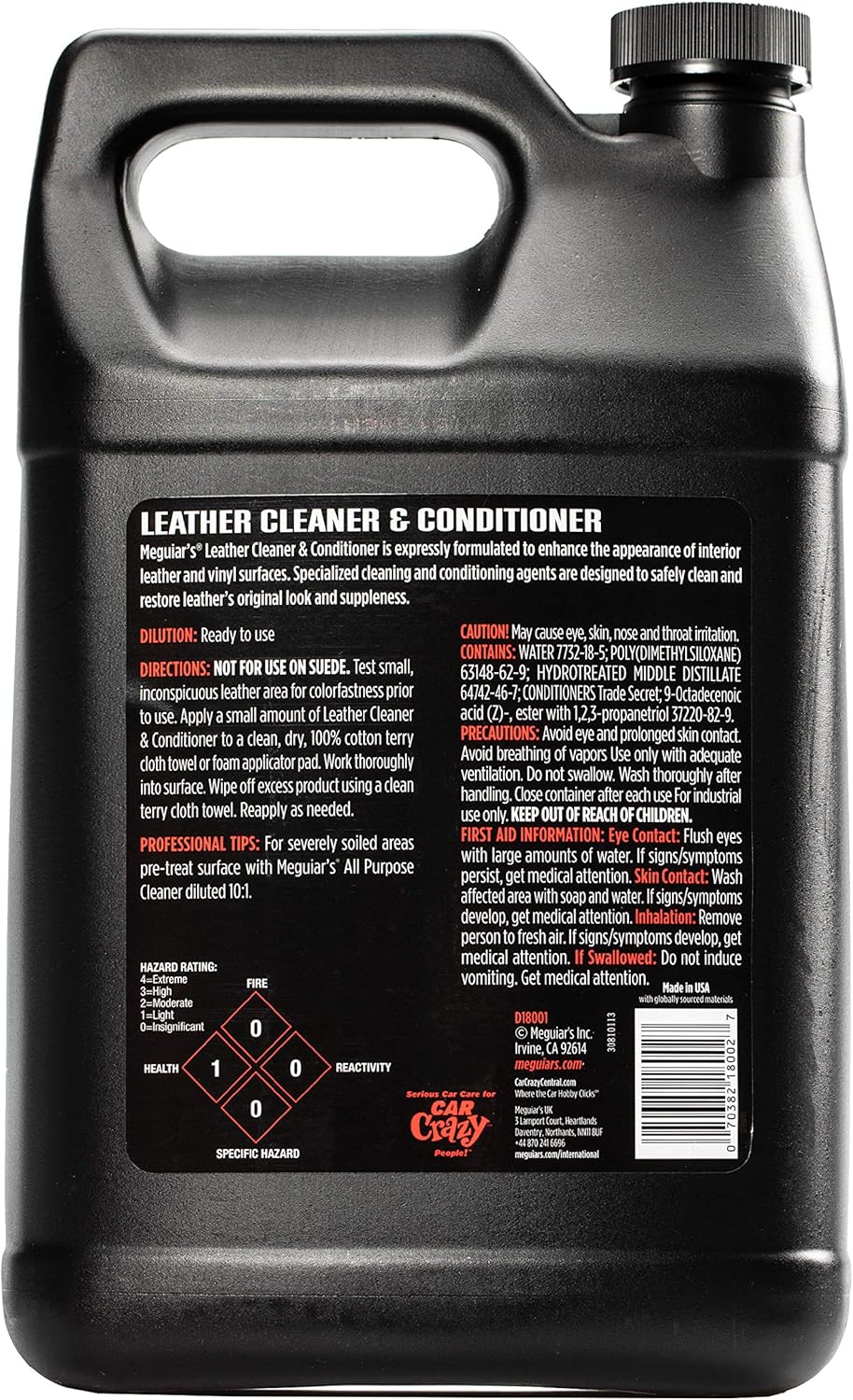 Meguiar's Professional Leather Cleaner & Conditioner D18001-1 Gallon Leather Cleaner & Conditioner Specifically Formulated for Automotive Interior Care, Delivers Professional Results, 128 Oz