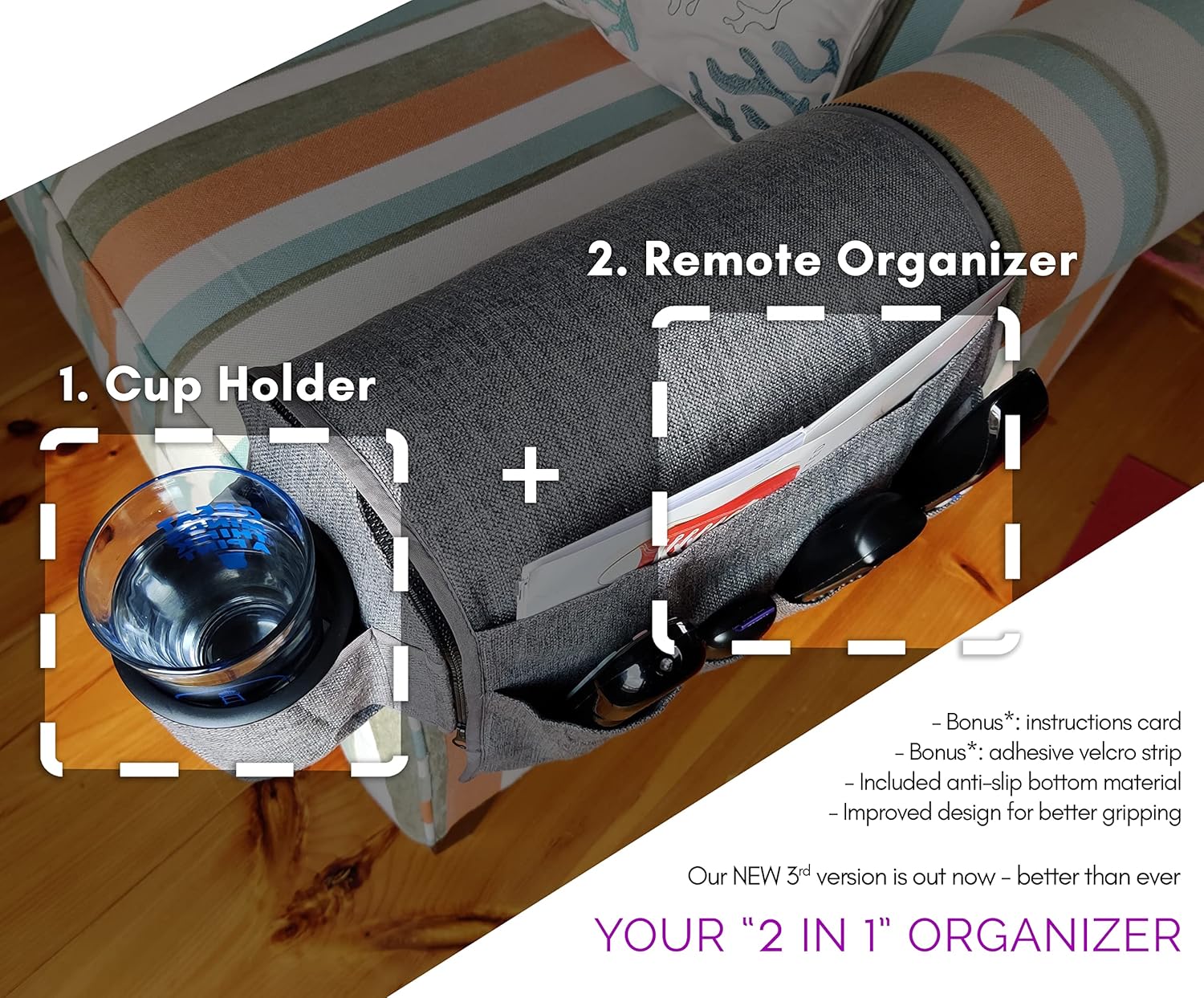 Couch Cup Holder Caddy - Armchair Caddy Remote Control Holder Armrest Organizer Recliner or Sofa - Anti Slip Arm Rest for Drink 5 Pockets for Snacks Gray (6 Inches)