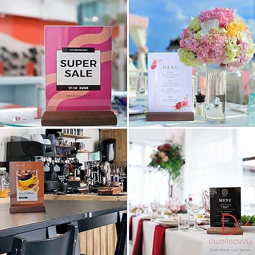 Miniatura 6 de Soporte acrílico para letreros de 5 x 7 pulgadas 3 paquetes Base de madera de nogal y marco acrílico cristalino exhibición de mesa de doble cara.