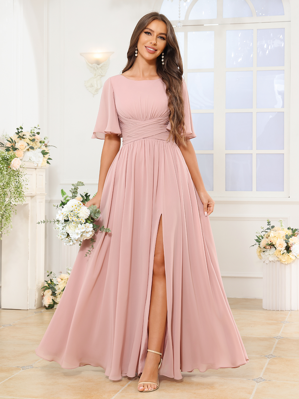 Watch Women's Chiffon Bridesmaid Dresses with Slit Flutter Sleeve on Amazon Live