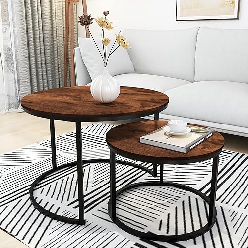 Round Coffee Table Set of 2 Modern Nesting Side End Table for Living Room Balcony Garden, etc,Round Wooden Accent Coffee Table with Solid Powder-Coated Metal Frame, Rustic Brown/Black