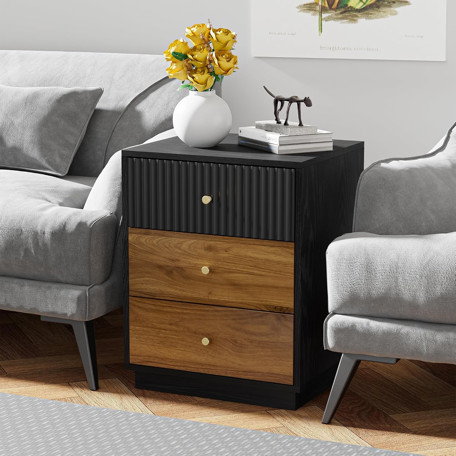 23.6" Set of 2 Tall Night Stand with 3 Storage Drawers, Fluted Nightstand with Metal Handles, Modern End Table Bedside Table Chest for Bedroom, Black and Walnut