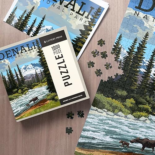 Miniatura 2 de Rompecabezas de 1000 piezas del Parque Nacional Denali, Alaska, Alce y River Rapids (fabricado en Estados Unidos, materiales ecológicos, papel de