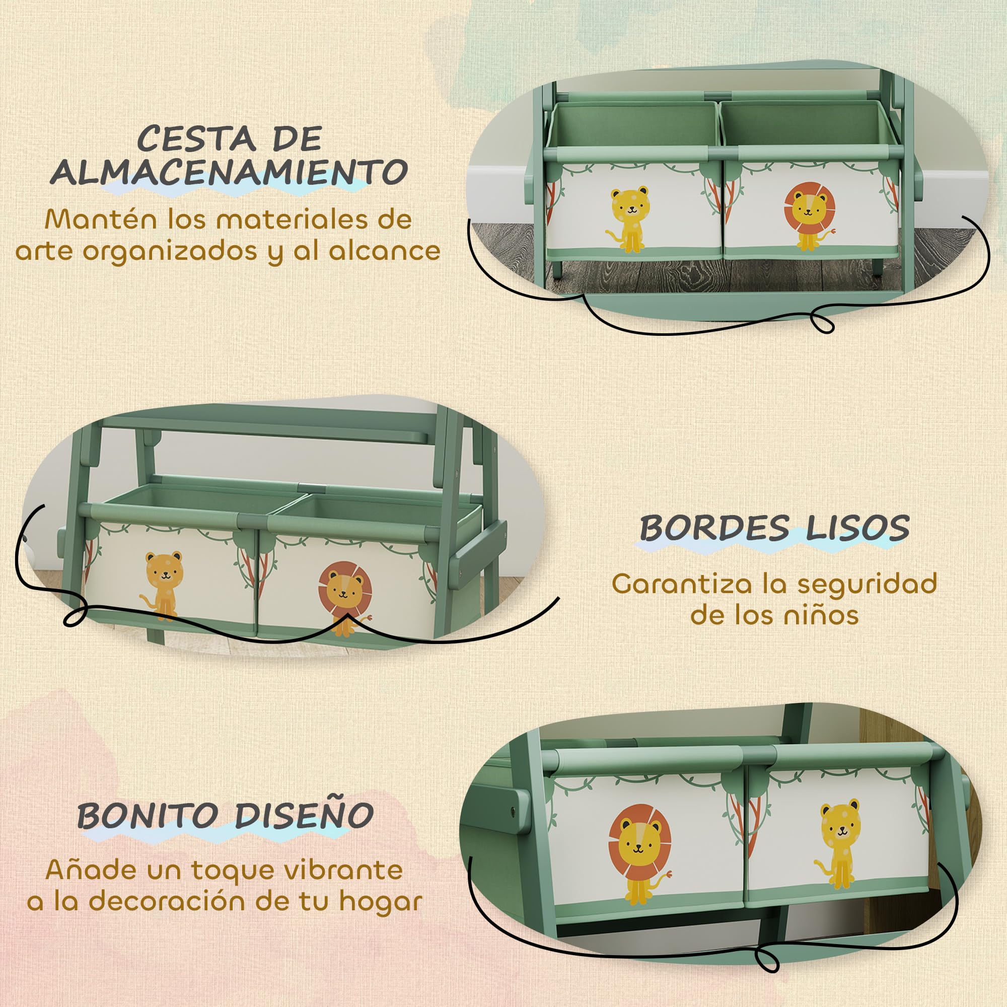 AIYAPLAY Pizarra Infantil Caballete 3 en 1 Pizarra Infantil de Doble Cara Caballete de Pintura para Niños de +3 Años con Rollo de Papel y Cestas de Almacenamiento 54x46x94 cm Verde