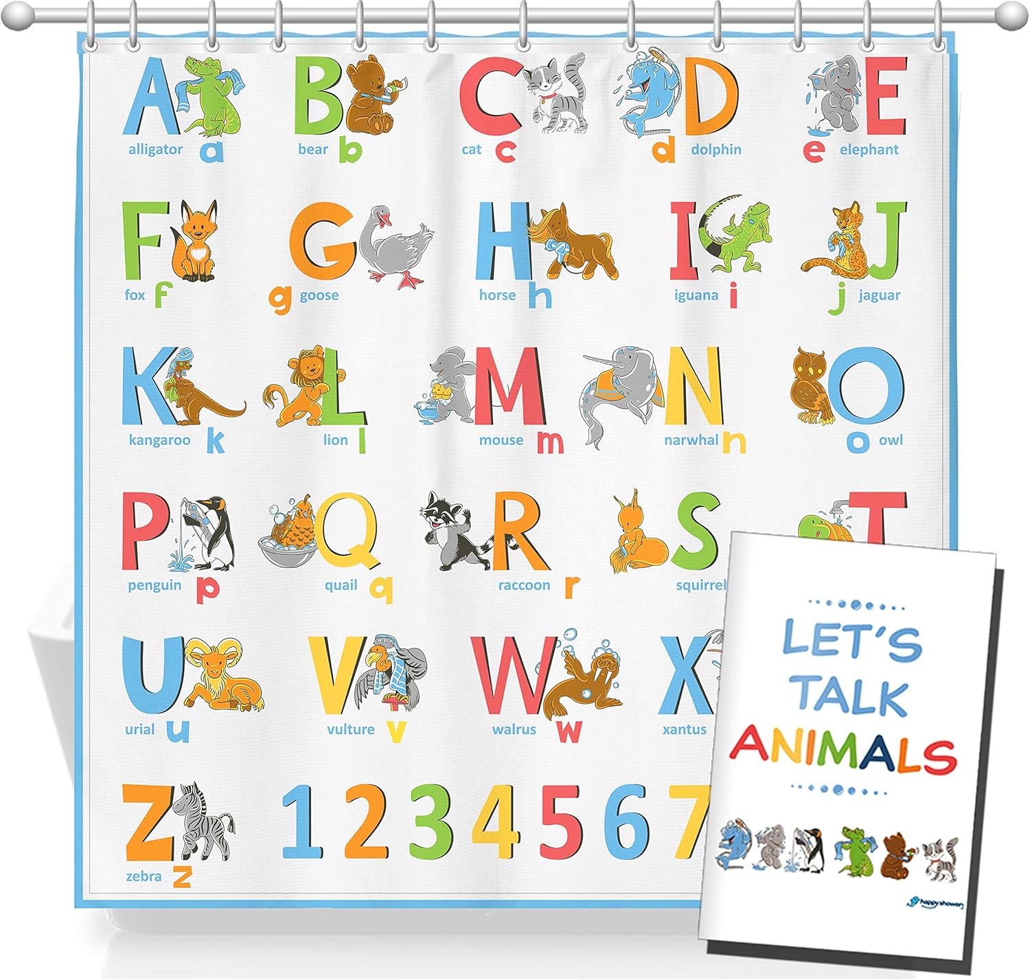 HappyShower Animals ABC Alphabet Shower Curtain for Kids, Educational Booklet Included, 72x72in, Colorful Children's Bathroom Decor, Polyester Fabric, Colored Drawings,12 Hanging Hooks Included