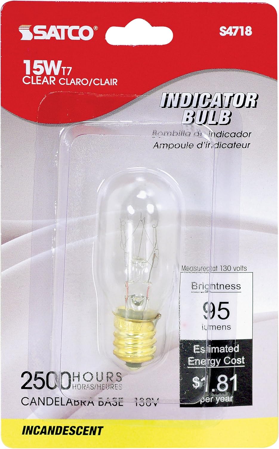 Satco S4718 130V Candelabra Base 15-Watt T7 Light Bulb, Clear