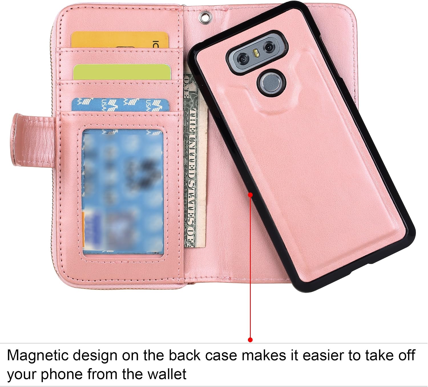 E LV Case for LG G6 PU Leather Flip Folio Wallet Purse Case Cover for LG G6 (2017) - [Rose Gold]