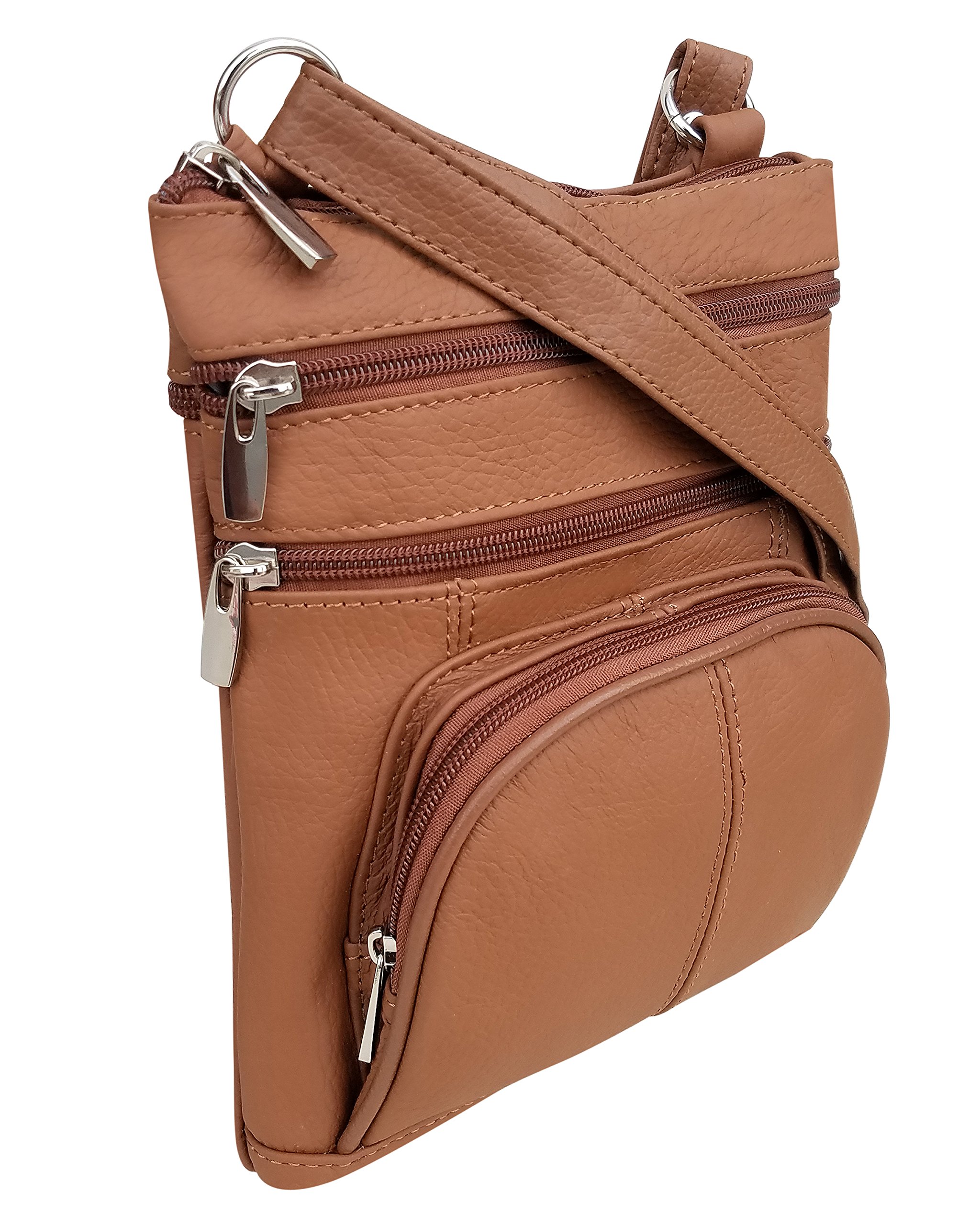 Roma Leathers Crossbody Zippered Purse - 3 Front Pockets, Adjustable Strap - Light Brown