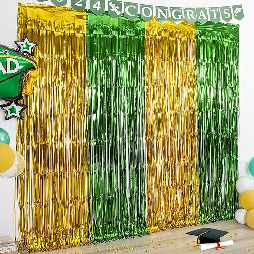 LOLStar Paquete de 3 decoraciones de fiesta de graduación verde y dorado 2022 cortinas de flecos de papel de aluminio de 32 x 66 pies telón de fondo