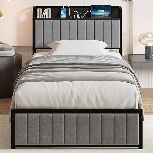 Miniatura 35 de VECELO Base de cama tamaño matrimonial con cabecera tapizada, plataforma resistente con listones de metal fuertes, no necesita somier, fácil Lino y