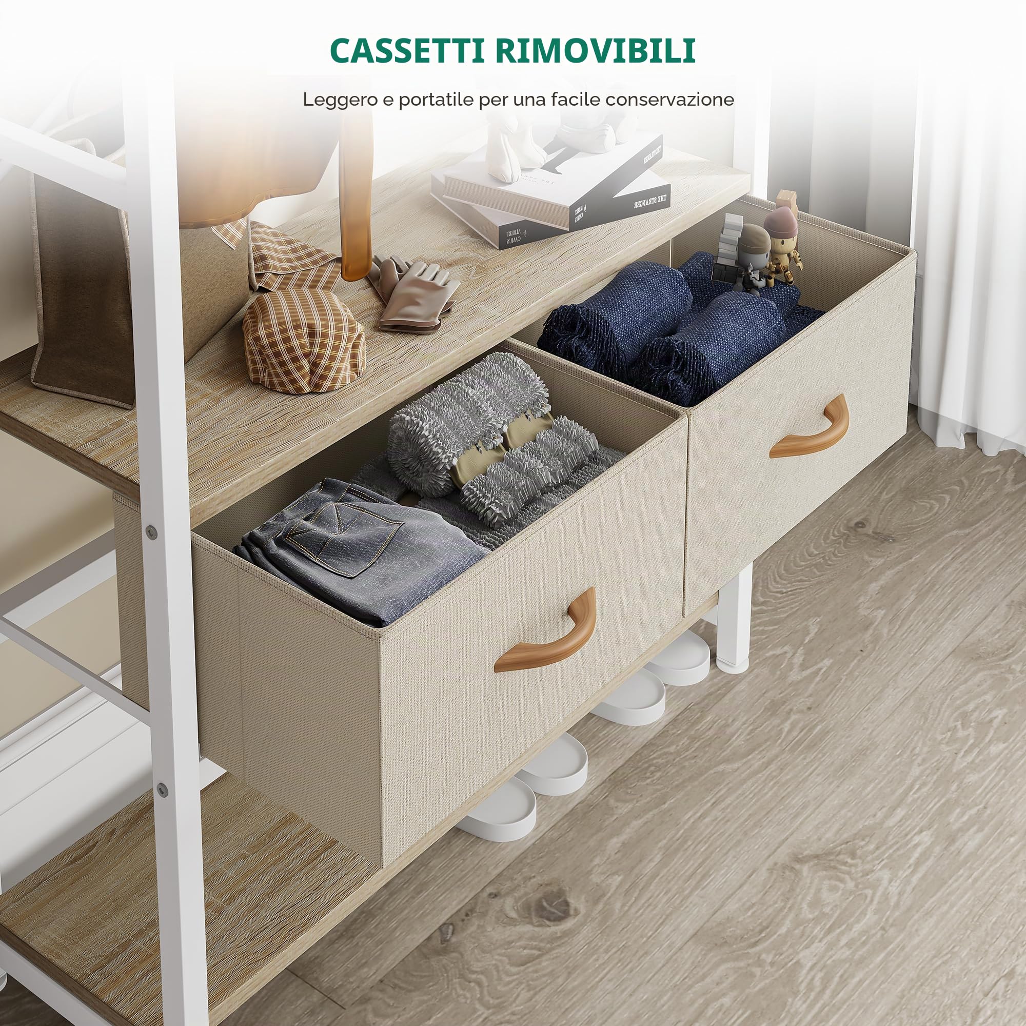 YITAHOME Appendiabiti, Attaccapanni da Ingresso 6 in 1 con 2 Cassetti, Porta Abiti da Terra con Vano Portascarpe, Asta Appendiabiti in legno e Metallo, per Soggiorno Ingresso, Bianco e rovere