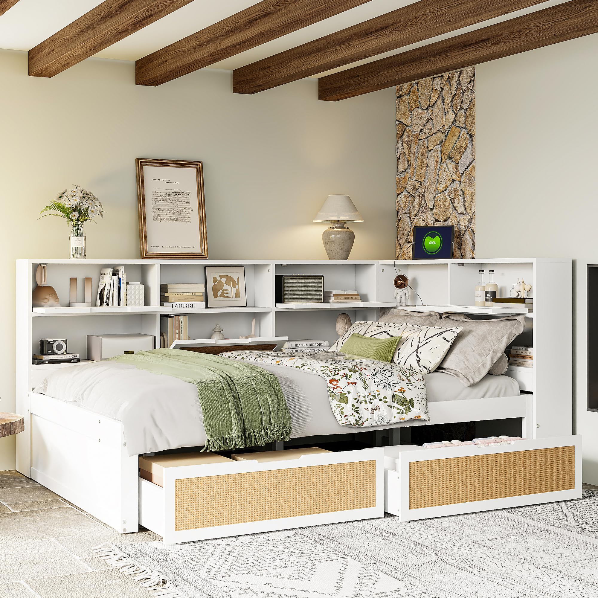 Łóżko dwuosobowe, 140 x 200 cm, drewniana sofa z szufladami i ramą łóżka, z zagłówkiem, modułami z przegrodami i listwami do nowoczesnych mieszkań, kolor biały