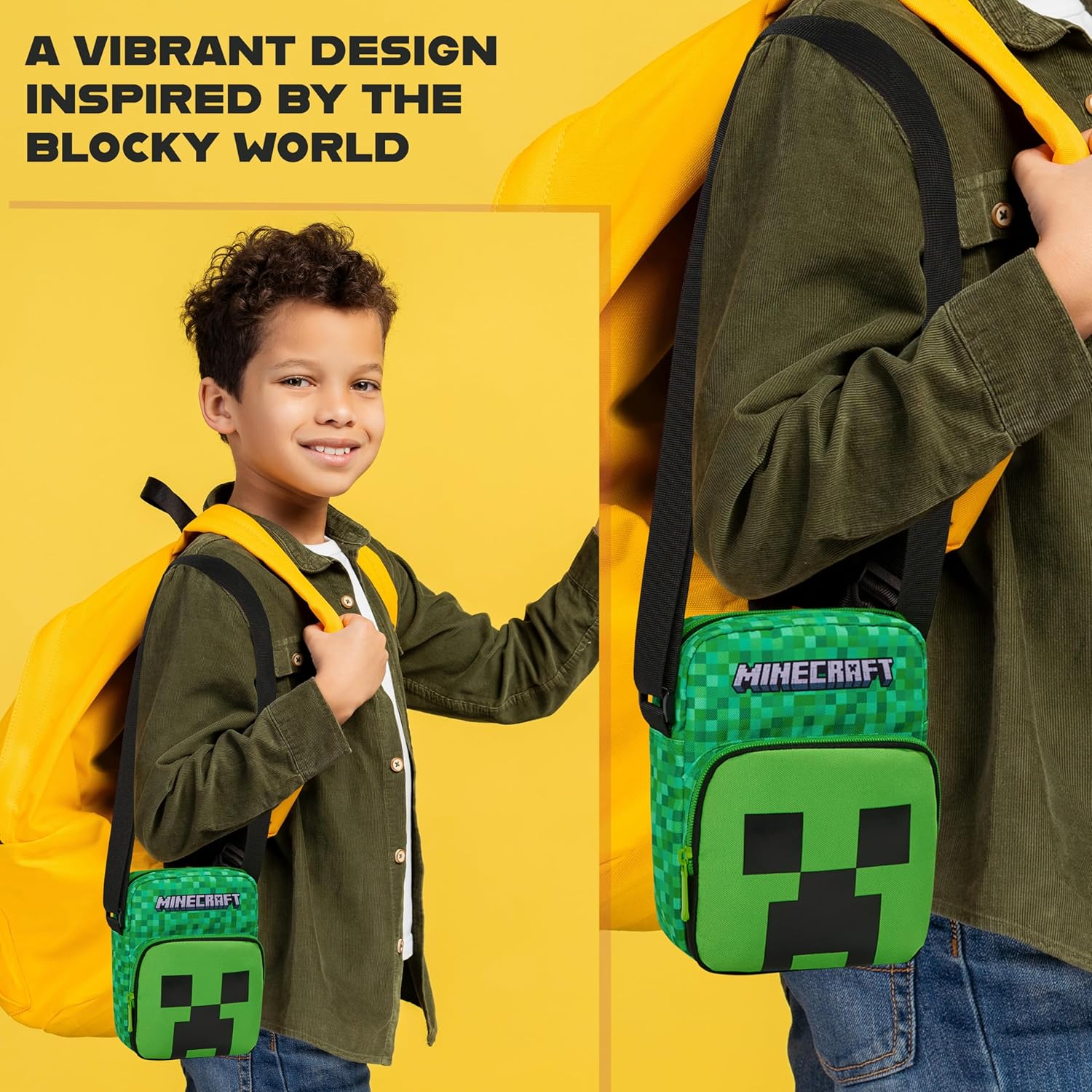 Minecraft Creeper Crossbody Bag for Teens, Phone Pouch or Mini Messenger Set, Shoulder Bag for Travel