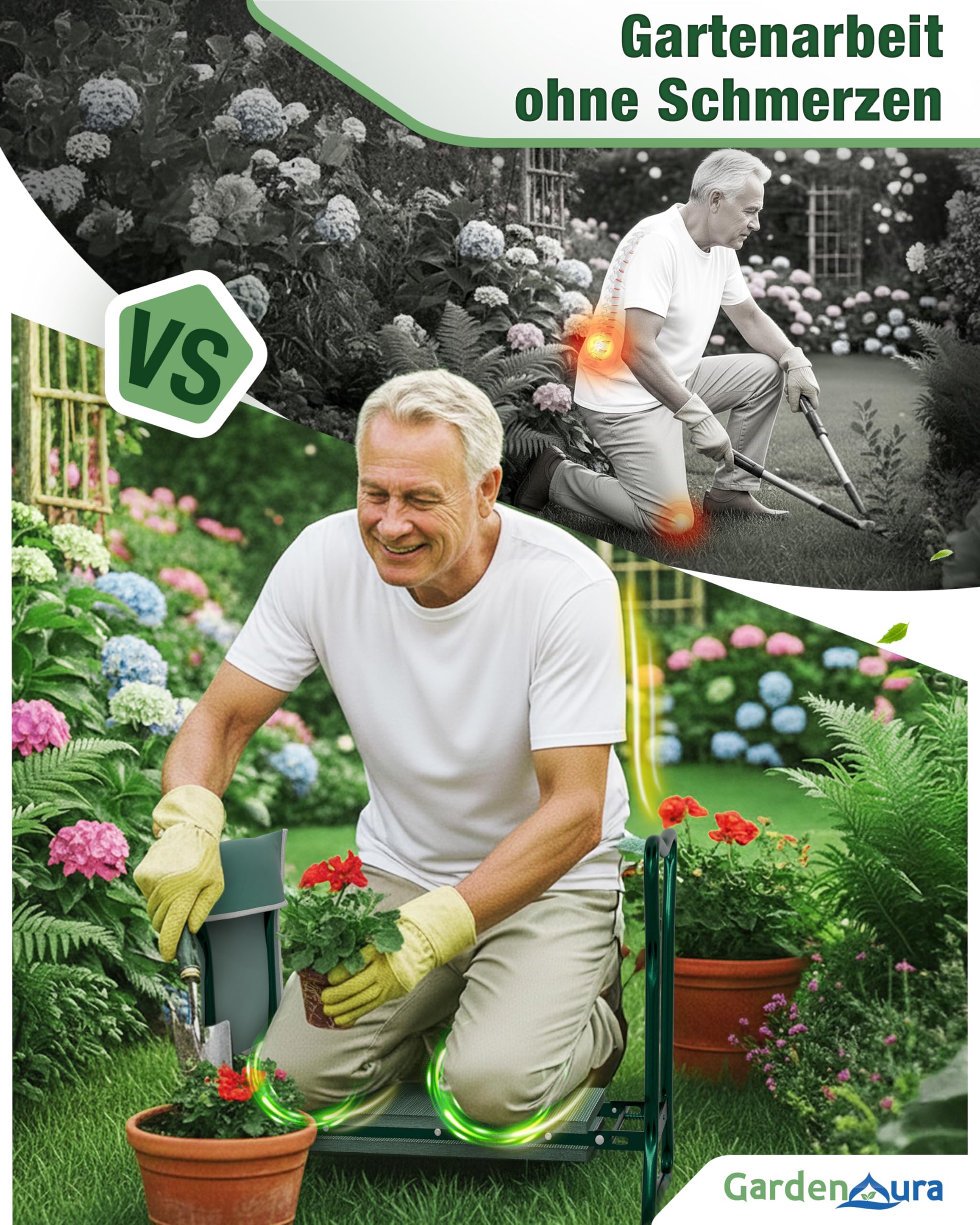 Reposarodillas para jardinería – Taburete de jardín con bolsa de herramientas – Banco de jardín – Banco de rodillas de jardín respetuoso con la espalda y las articulaciones, soporta hasta