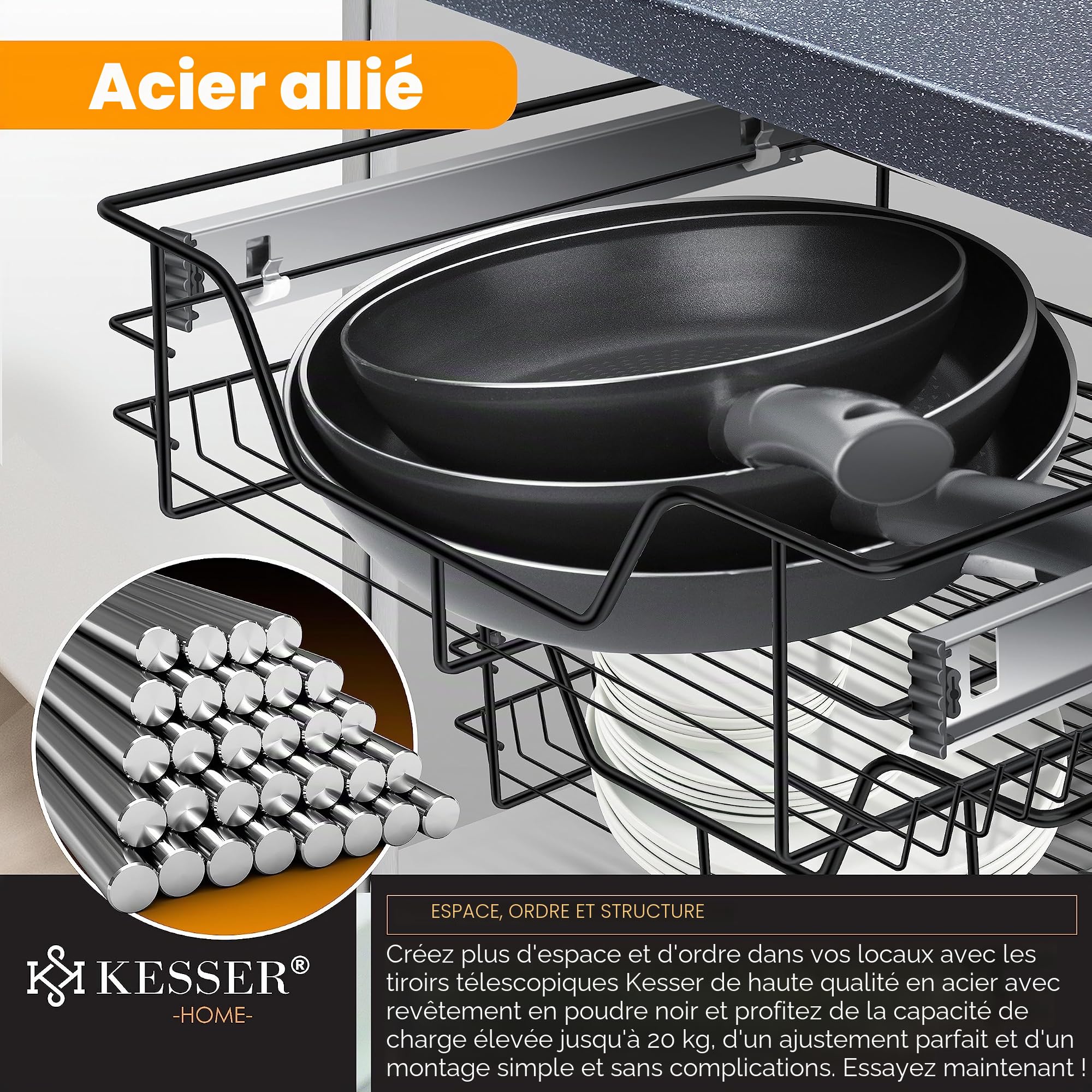KESSER® tiroir télescopique, tiroir cuisine, armoire de cuisine, panier extensible, entièrement extensible