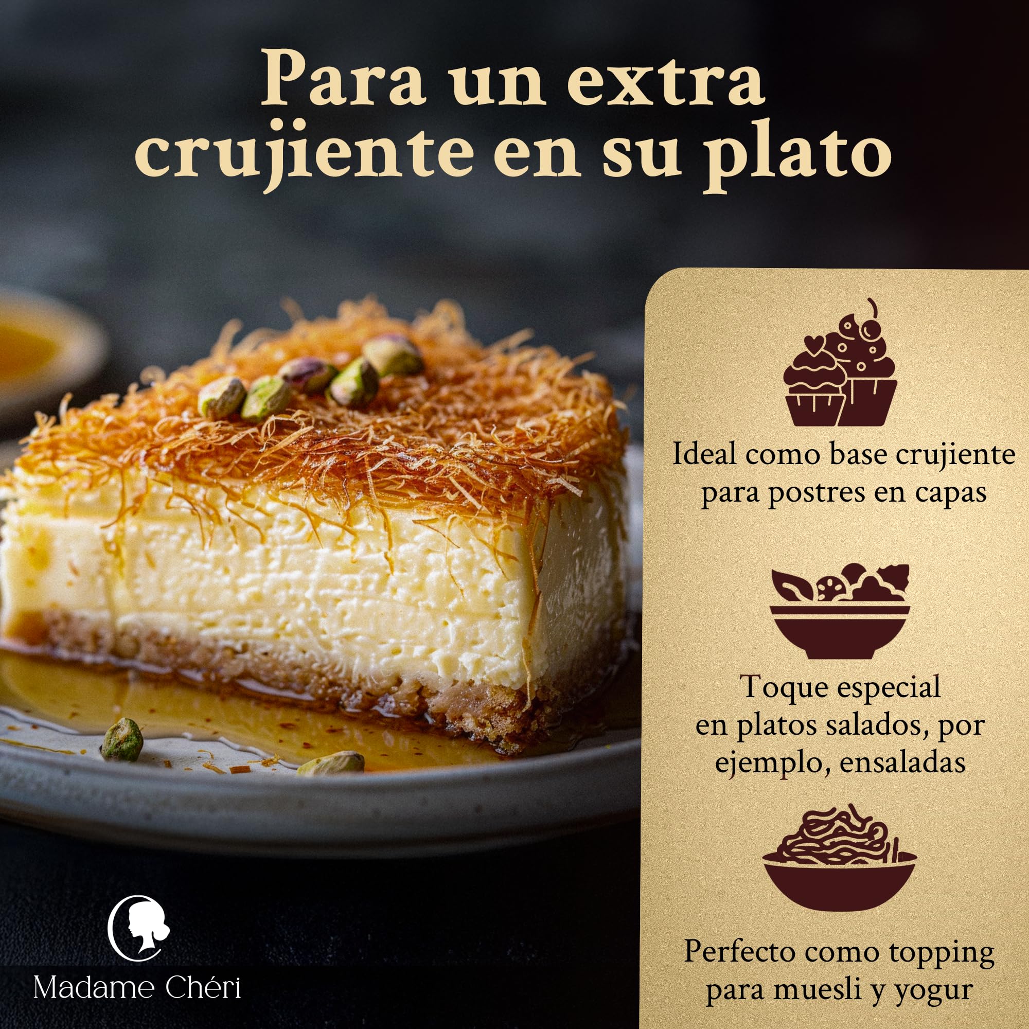 Madame Chéri Kadayif 200 g – Fideos crujientes dorados para chocolate de Dubái y postres