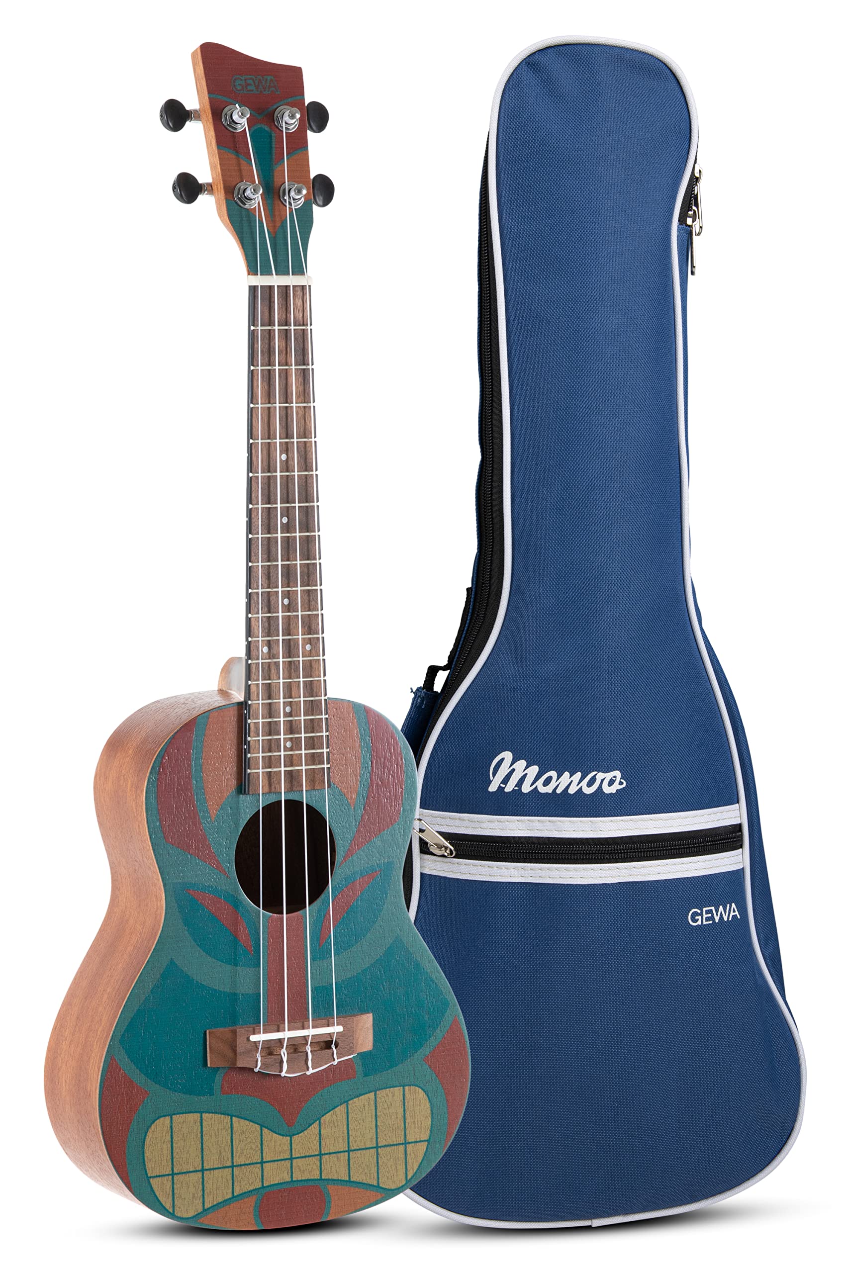 GEWA Concert Ukulele Manoa Tiki - Corpo Sapelli - Design Tiki 3 - multicolore/Legno naturale scuro satinato - incl. Gig Bag imbottito - K-CO-TC