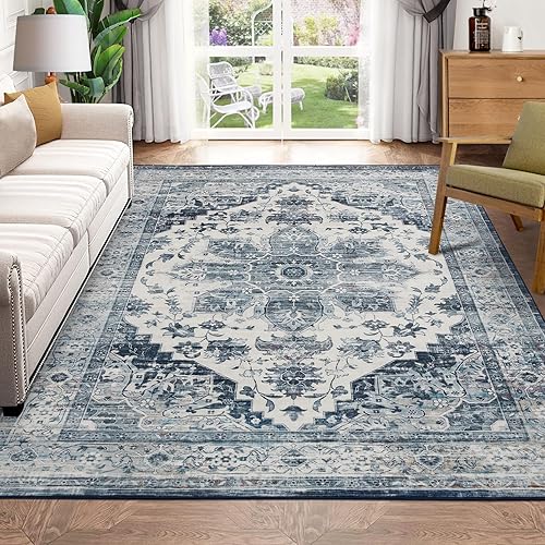 Miniatura 6 de Fashionwu Alfombra lavable de 8 x 10 pies, alfombra geométrica vintage azul para dormitorio y sala de estar, no se desprende, cubierta