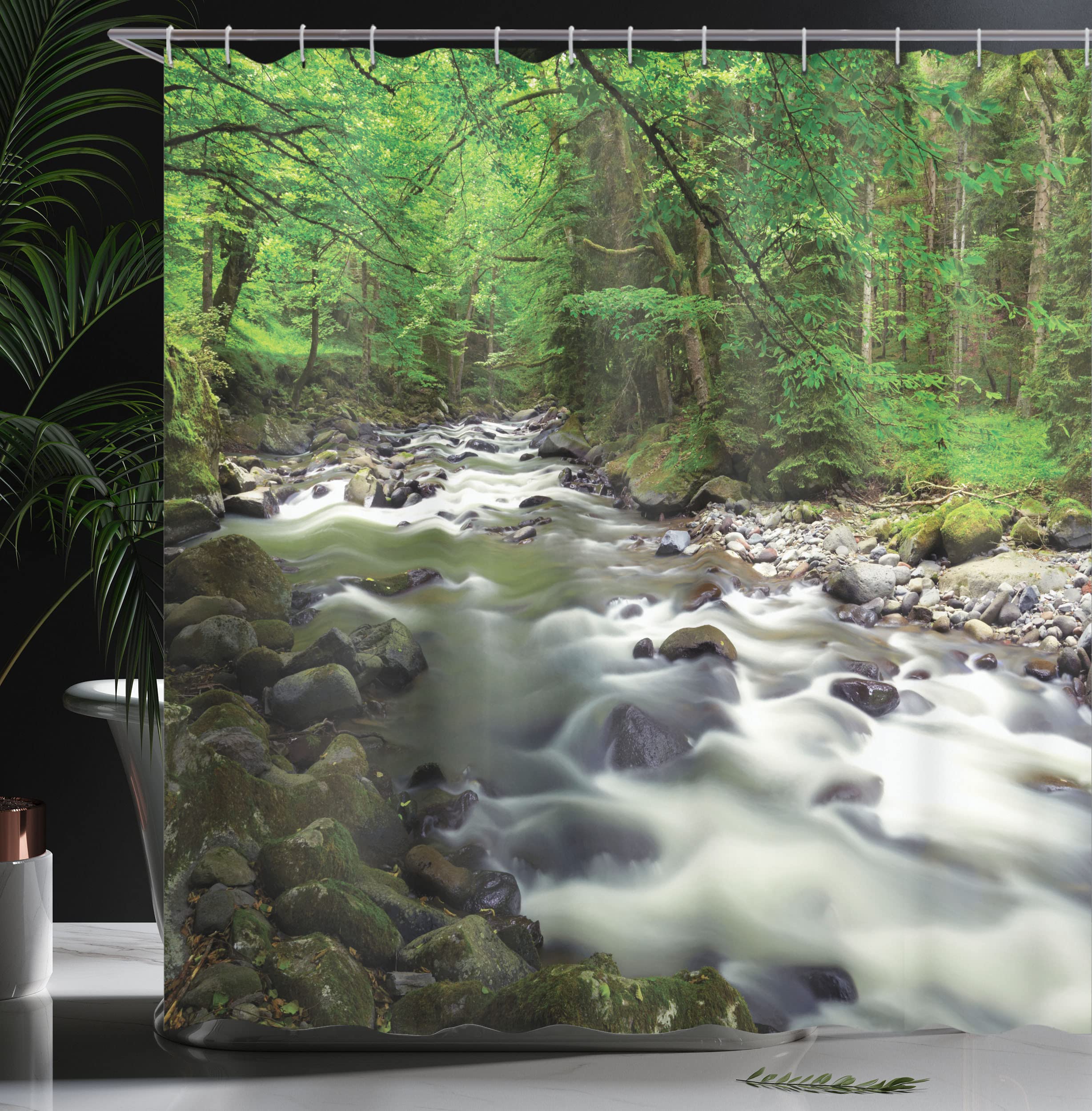 ABAKUHAUS Forest Shower Curtain, Rushing Riverbed with Rocks Trees Mountain Branches Shrubs Nature Scenery - Image 3