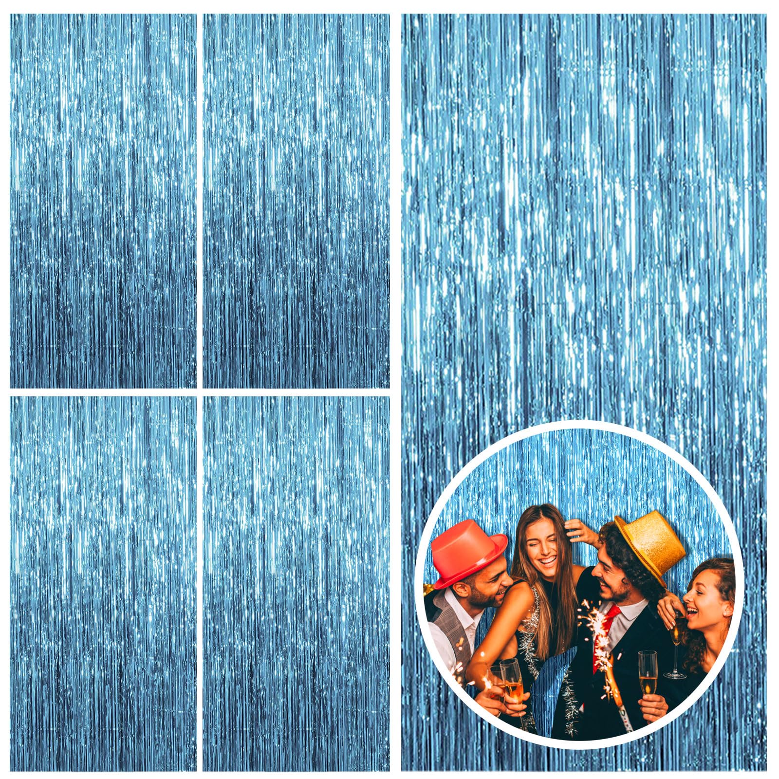 5 Pack Blue Backdrop Curtain Tinsel Streamers Ocean Themed Decor Birthday Party Decorations Foil Fringe Backdrop Graduation Baby Shower Bachelorette