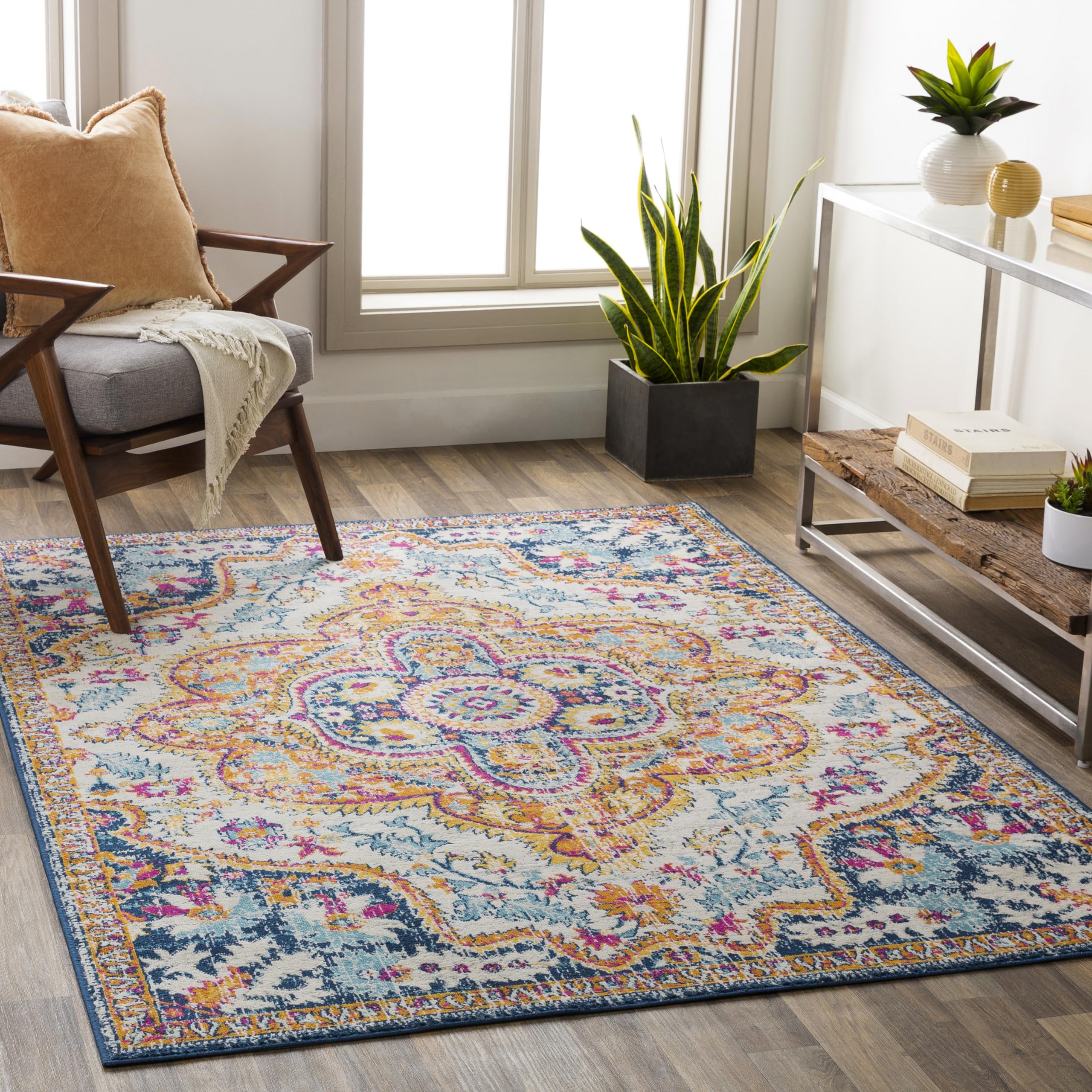 Livabliss Willow Jijel Vintage Style Floor Covering 200x275 cm – Traditional Boho Pattern for Living Room, Dining & Kitchen, Easy Care, Navy, Orange & Fuchsia