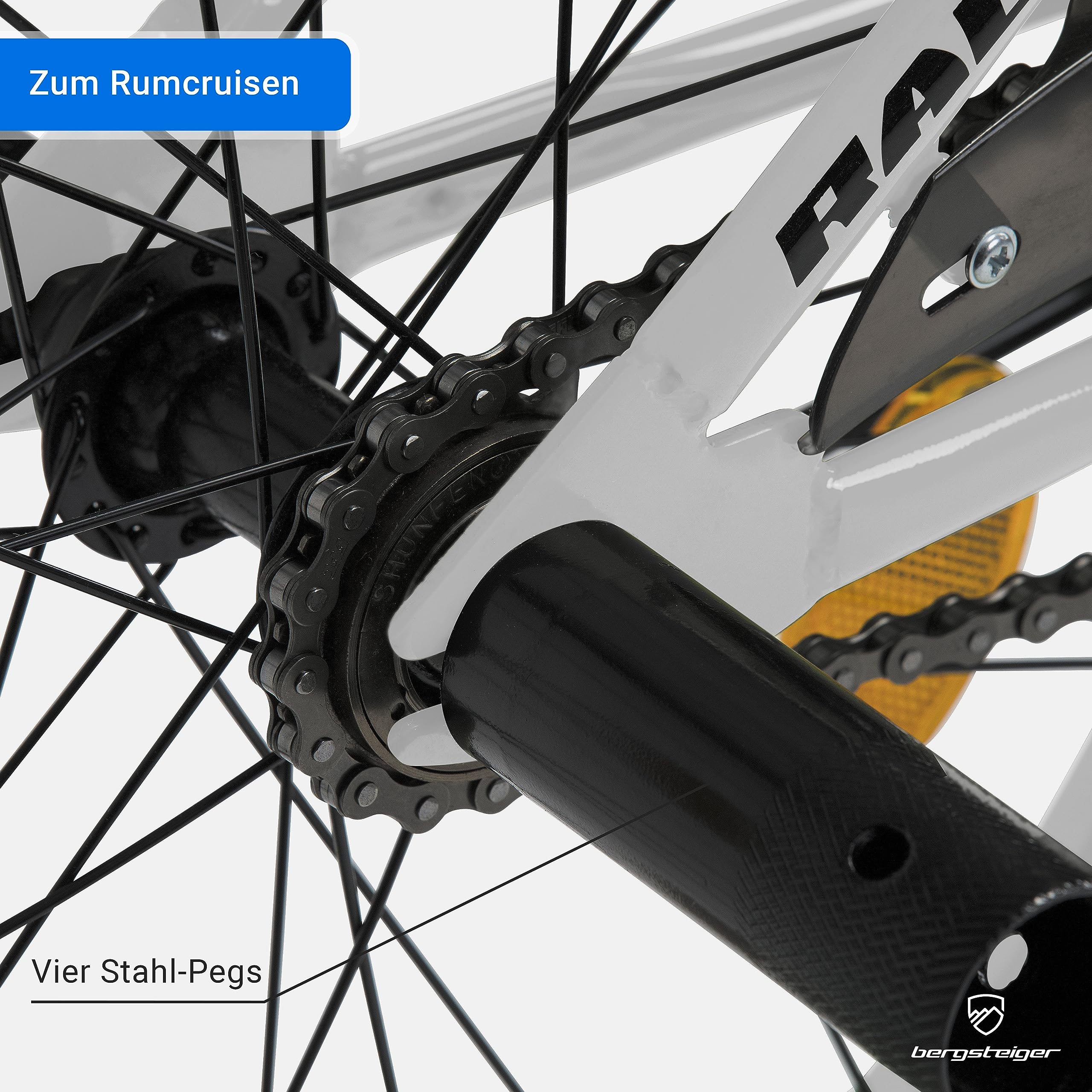 Bergsteiger Monaco 20 Zoll Kinderfahrrad BMX mit Hardtail Dirtrahmen | Cooles Freestyle Bike ab 120 cm Groesse mit 4 Stahl Pegs, breiten Reifen, V-Brakes und zu 90 Prozent fertiger Montage.