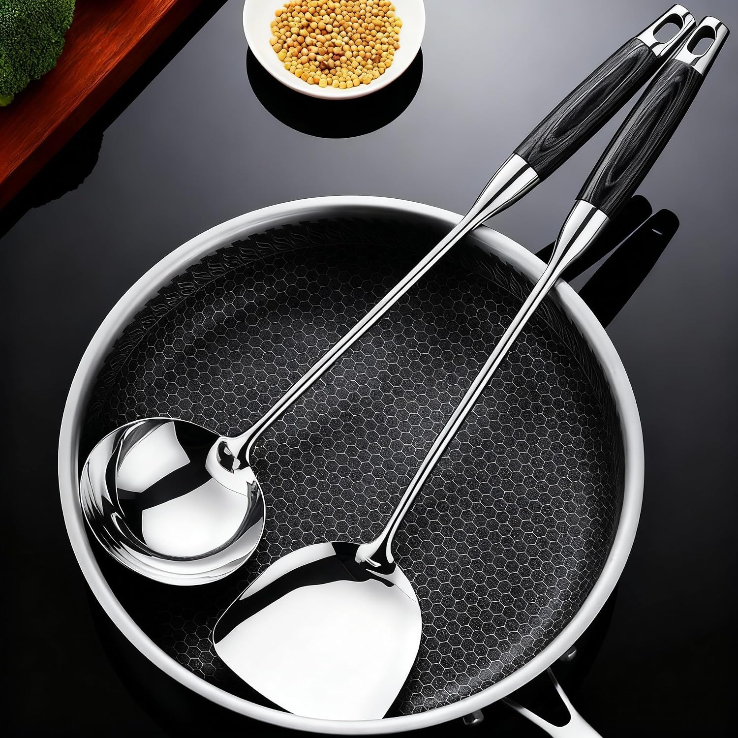 Extended Handle Kitchen Utensil Set, 316L Stainless Steel Spatula and Soup Spoon with Ebony Handle, 17-inch Length